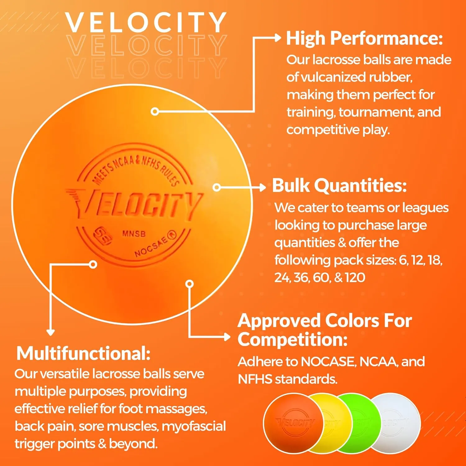 Velocity Lacrosse Balls - 1, 2, 3, 6, 12, 18, 24, 36, 60 and 120 Packs - for Practice, Official NFHS and College Approved Size