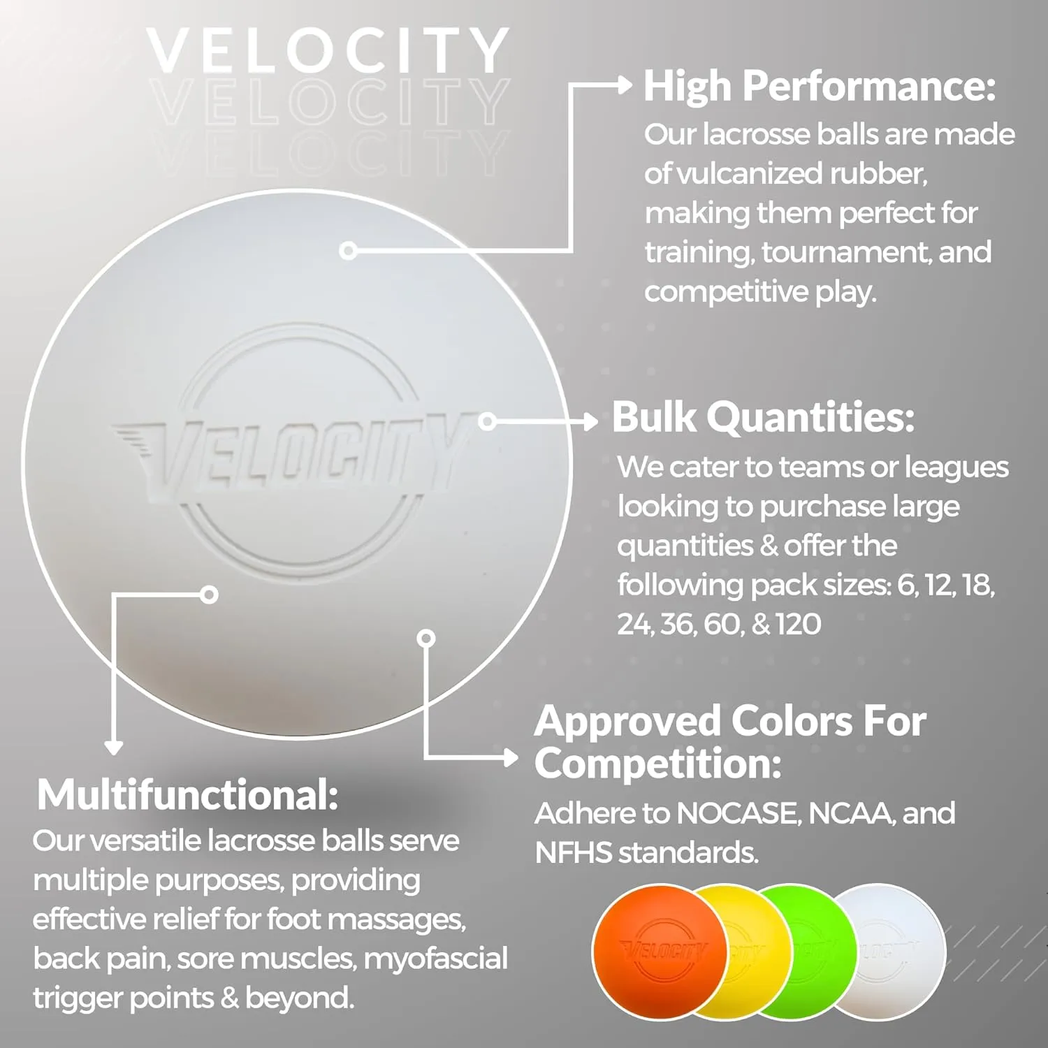 Velocity Lacrosse Balls - 1, 2, 3, 6, 12, 18, 24, 36, 60 and 120 Packs - for Practice, Official NFHS and College Approved Size