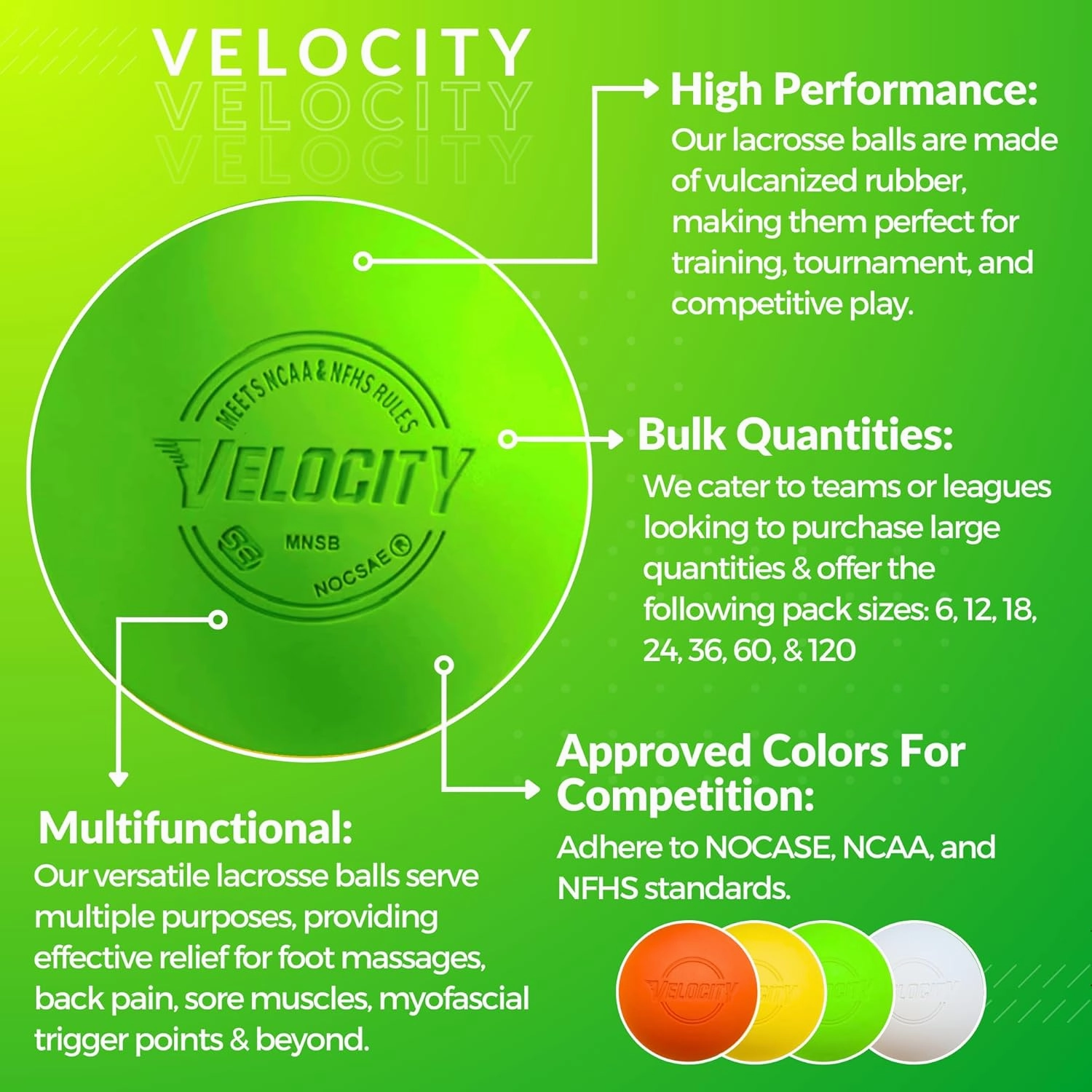 Velocity Lacrosse Balls - 1, 2, 3, 6, 12, 18, 24, 36, 60 and 120 Packs - for Practice, Official NFHS and College Approved Size
