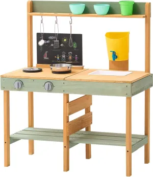 VEVOR Mud Kitchen for Kids Outdoor, Wooden Pretend Play Kitchen Set, Toddler Playset, Kids Kitchen Playset with Planter Box, Stoves, Tank, Faucet, Blackboard, Cookware Pots and Accessories