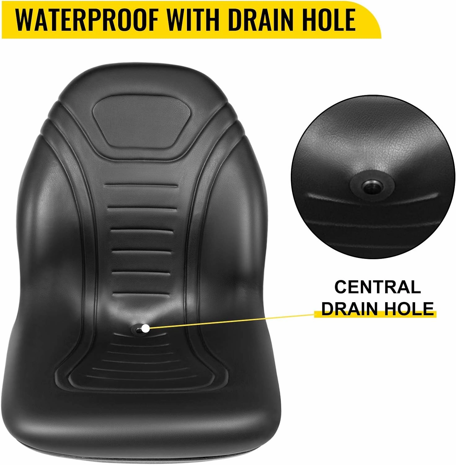 VEVOR Universal Lawn Tractor Seat Replacement, Compact High Back Mower Seat, Black Vinyl Forklift Seat, Central Drain Hole Skid Steer Seat with Mounting Bolt Patterns of 8" x 11.5" & 11.25" x 11.5"