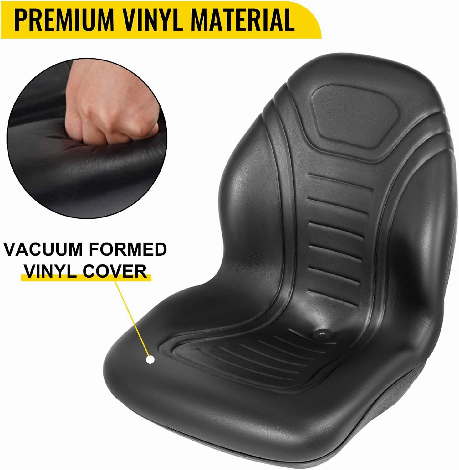 VEVOR Universal Lawn Tractor Seat Replacement, Compact High Back Mower Seat, Black Vinyl Forklift Seat, Central Drain Hole Skid Steer Seat with Mounting Bolt Patterns of 8" x 11.5" & 11.25" x 11.5"