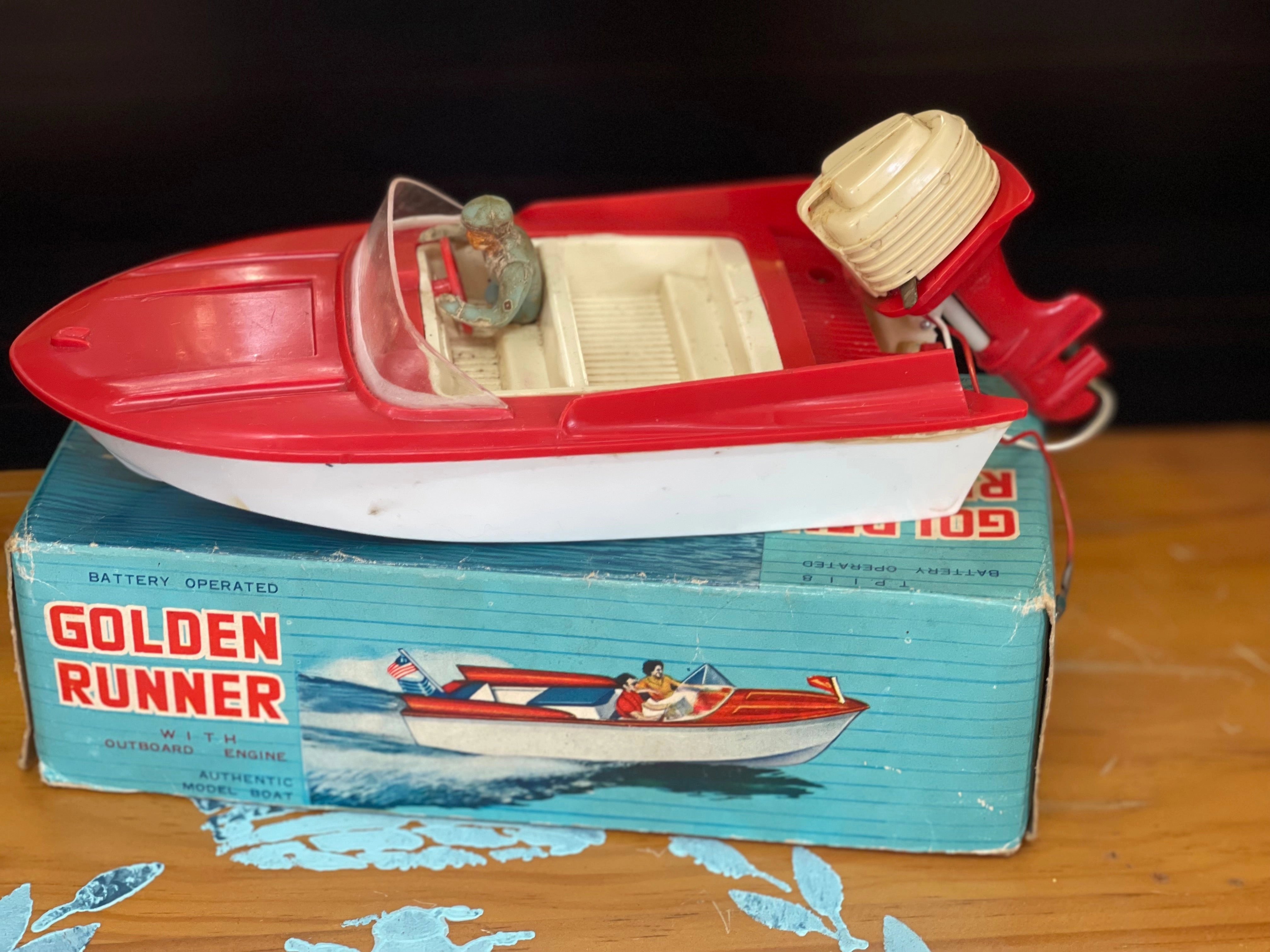 Vintage 60s 70s Golden Runner Battery Powered Toy Boat