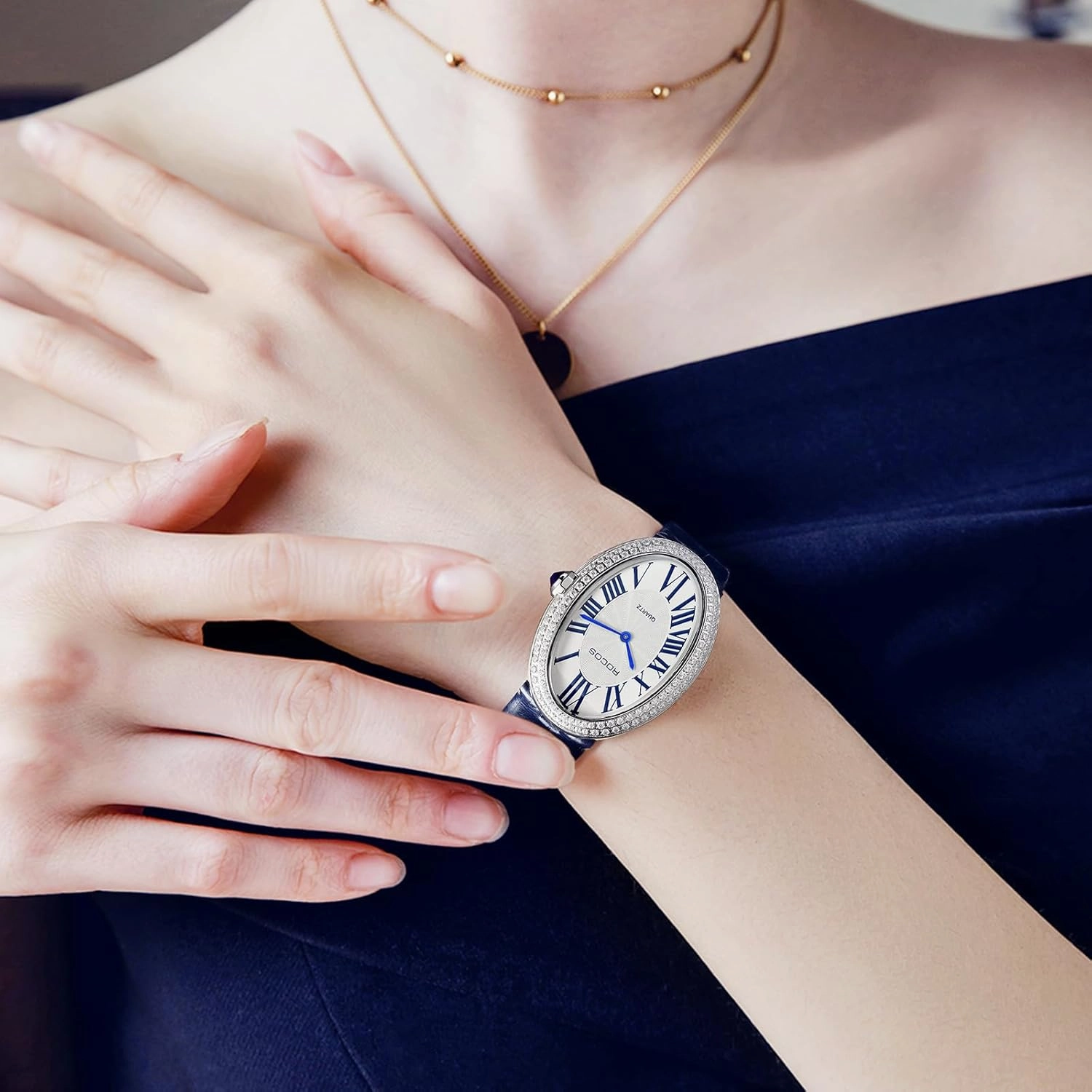 Vintage Ladies Watches - Japanese Quartz Analog with Leather Strap, Fashionable Lightweight Waterproof Oval Womens Watches with Diamond Retro Dress Wristwatch RW0254