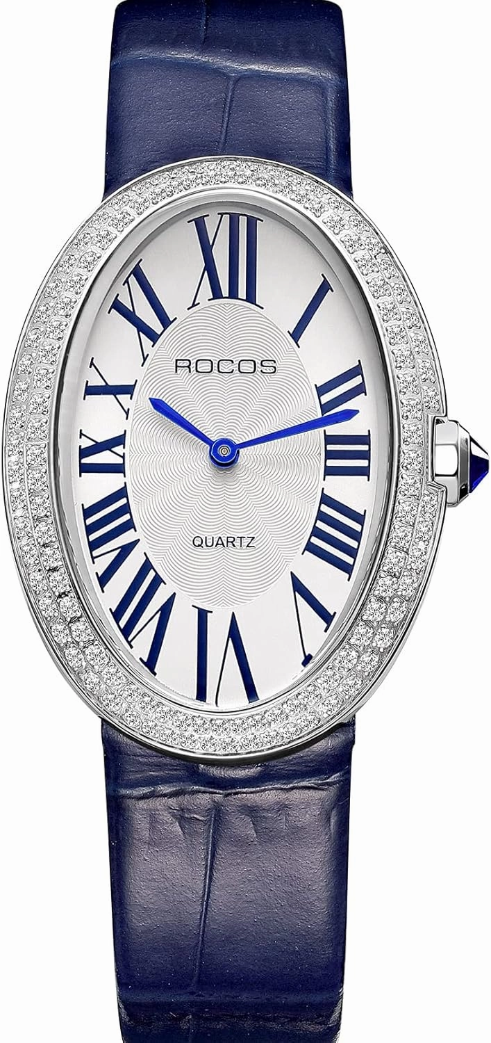Vintage Ladies Watches - Japanese Quartz Analog with Leather Strap, Fashionable Lightweight Waterproof Oval Womens Watches with Diamond Retro Dress Wristwatch RW0254