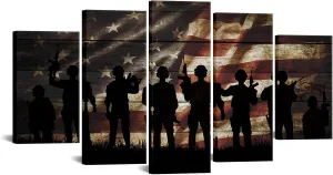 VVOVV Wall Decor American Flag Military Soldiers Army Canvas Wall Art USA Flag Patriotic Theme Wood Textured Background Painting Artwork Giclee Canvas for Living Room Bedroom Home Wall Decor