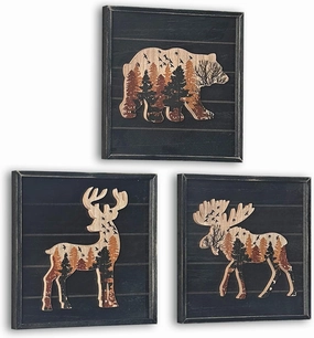 WAIU Cabin Wall Decor, Deer Elk Bear Rustic Wooden Forest Mountain Woodland Wildlife Lodge, Hunting, Cabin Interior Wall Decor,10 x 10 Inches set of 3