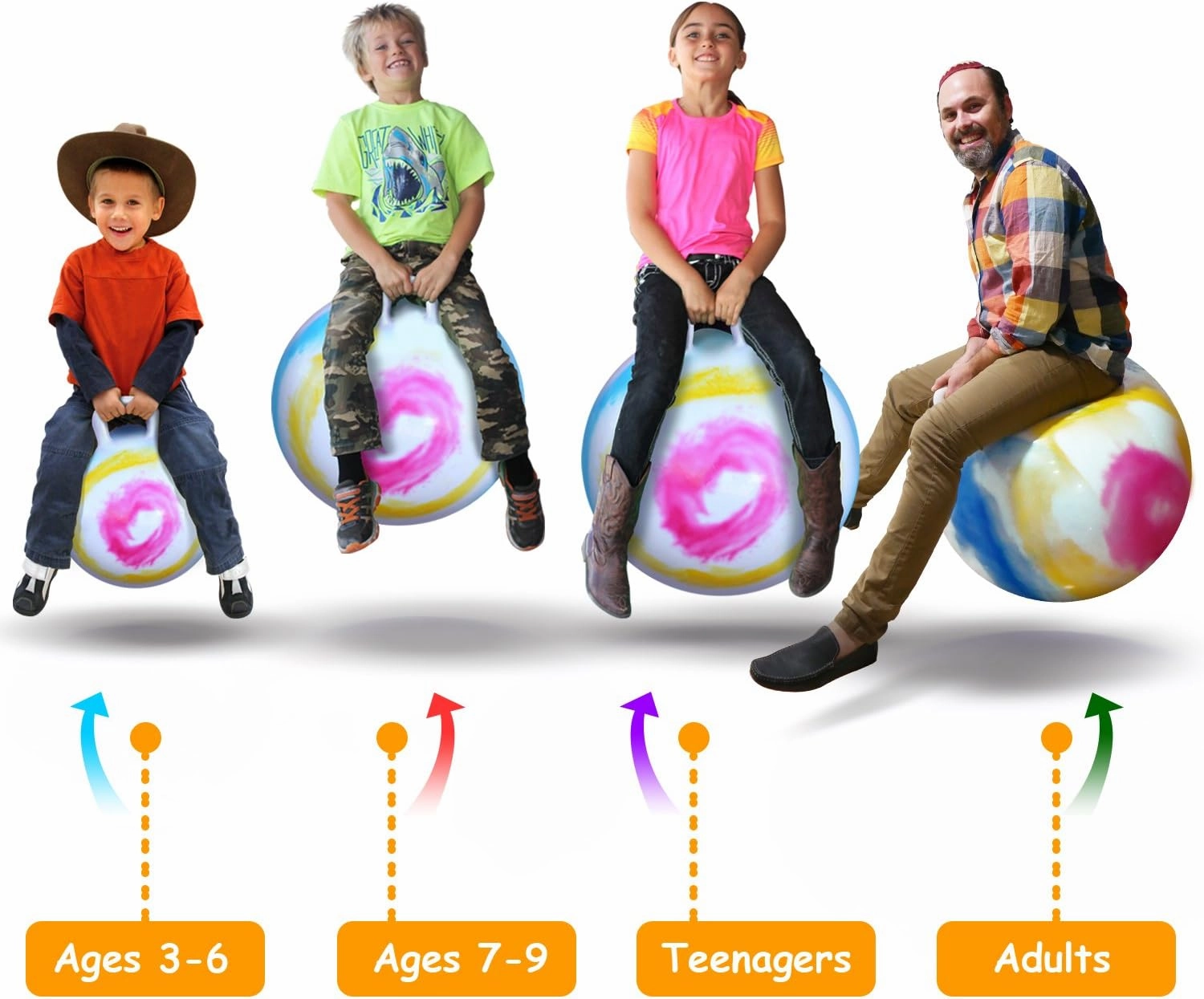 WALIKI TOYS Hopper Ball For Kids Ages 7-9 (Hippity Hop Ball, Hopping Ball, Bouncy Ball With Handles, Sit & Bounce, Kangaroo Bouncer, Jumping Ball, 20 Inches, Rainbow Tie Dye, Pump Included)