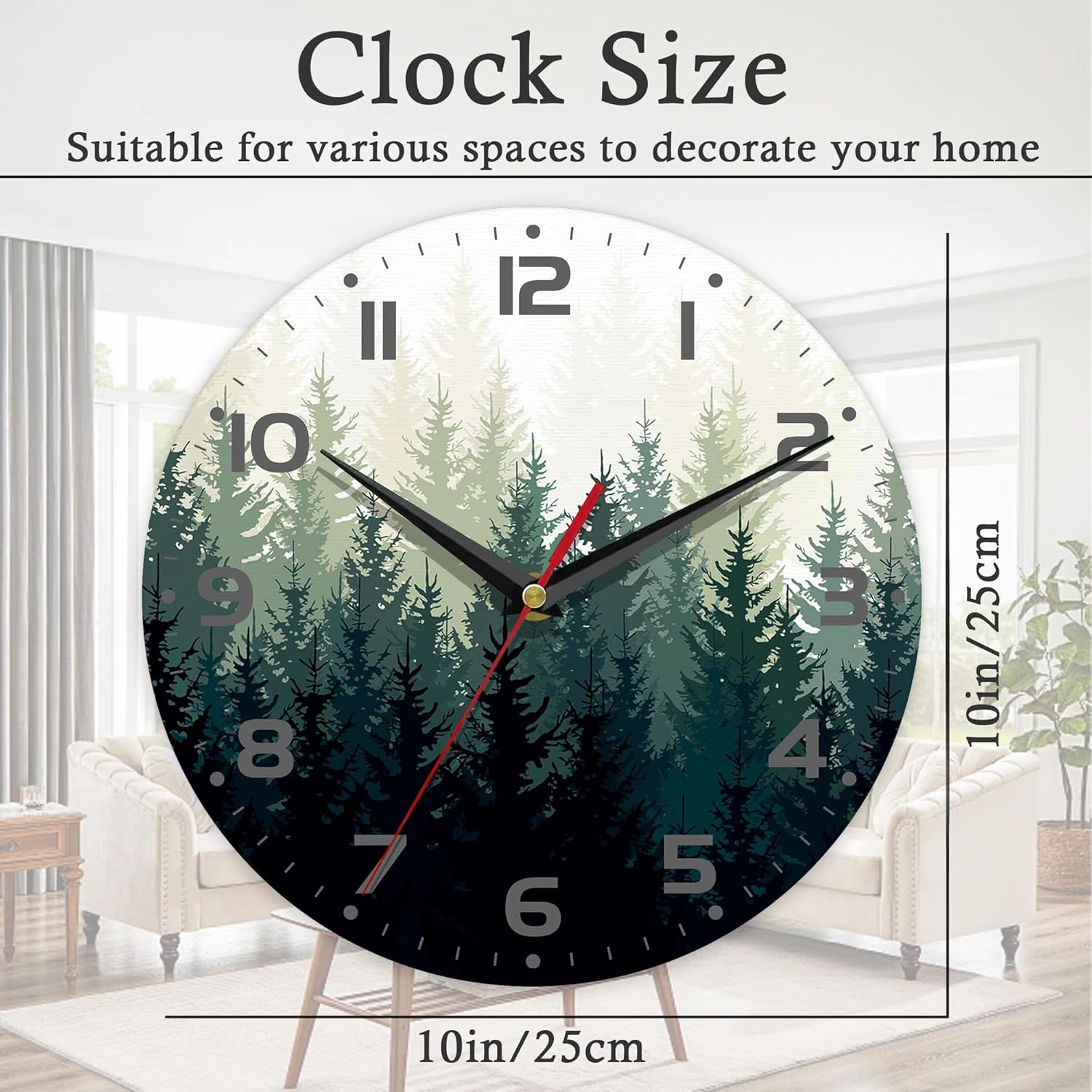 Wall Clock, 10 Inch Silent Non-Ticking Home Kitchen Decor, Battery Operated for Bathroom Bedroom Living Room Office(Misty Forest)