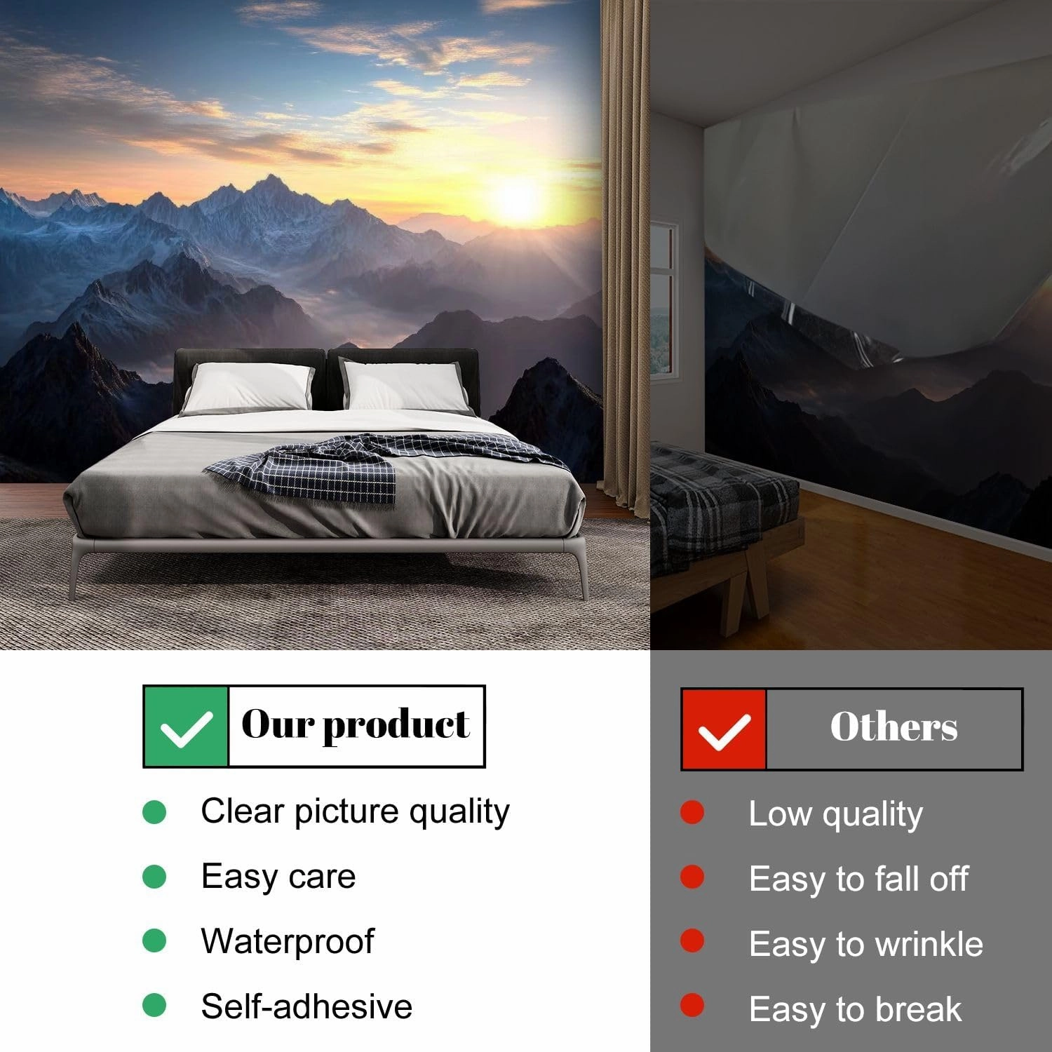 Wall Mural Peel and Stick Aerial View Misty Mountains Sunrise Large Wallpaper Self Adhesive Contact Paper Removable 3D Wall Sticker for Living Room Bedroom 94"x132"