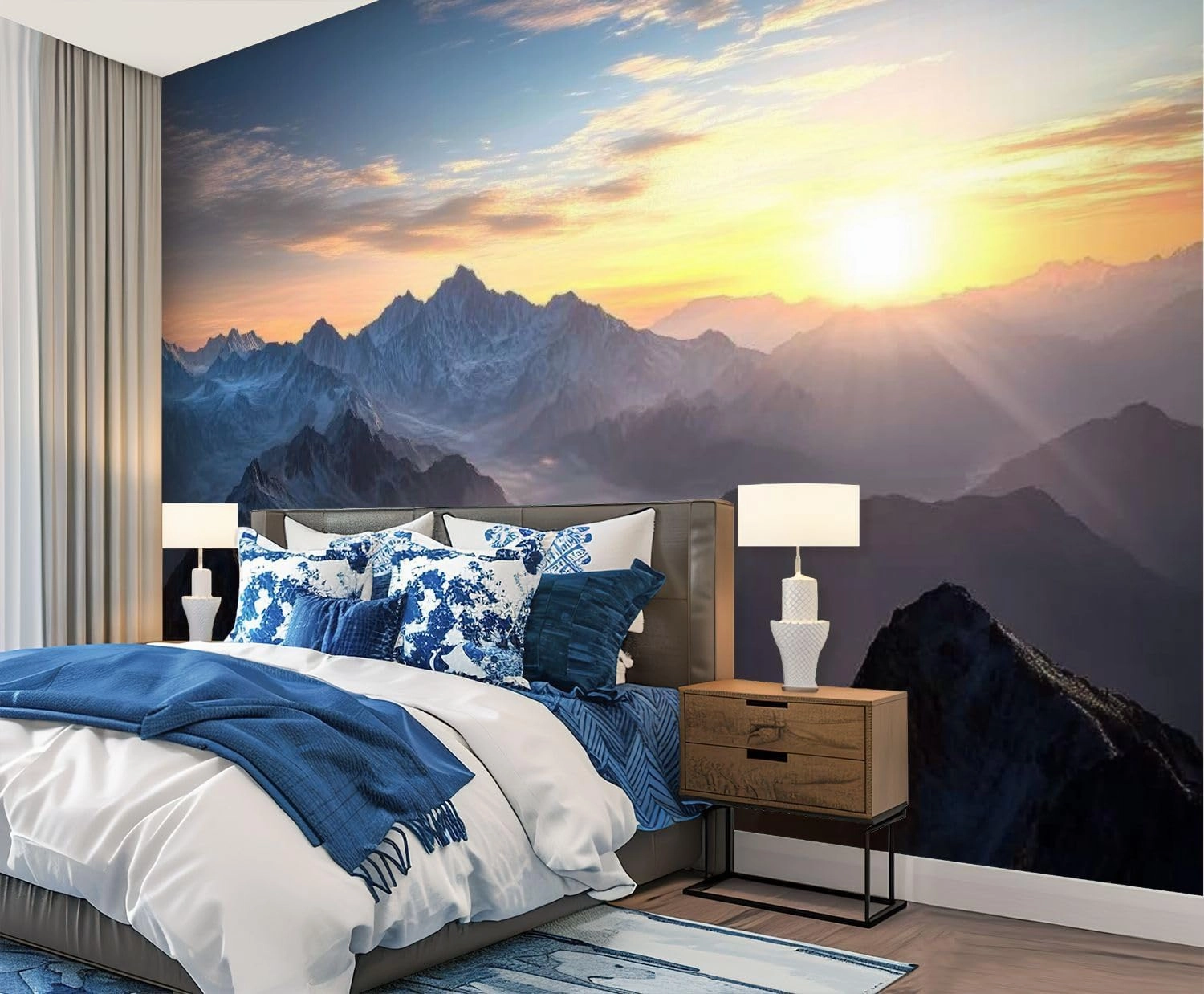Wall Mural Peel and Stick Aerial View Misty Mountains Sunrise Large Wallpaper Self Adhesive Contact Paper Removable 3D Wall Sticker for Living Room Bedroom 94"x132"