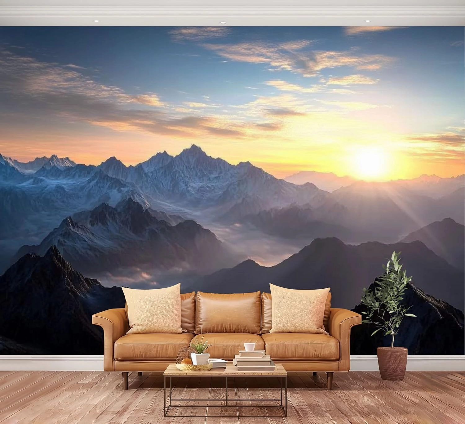 Wall Mural Peel and Stick Aerial View Misty Mountains Sunrise Large Wallpaper Self Adhesive Contact Paper Removable 3D Wall Sticker for Living Room Bedroom 94"x132"