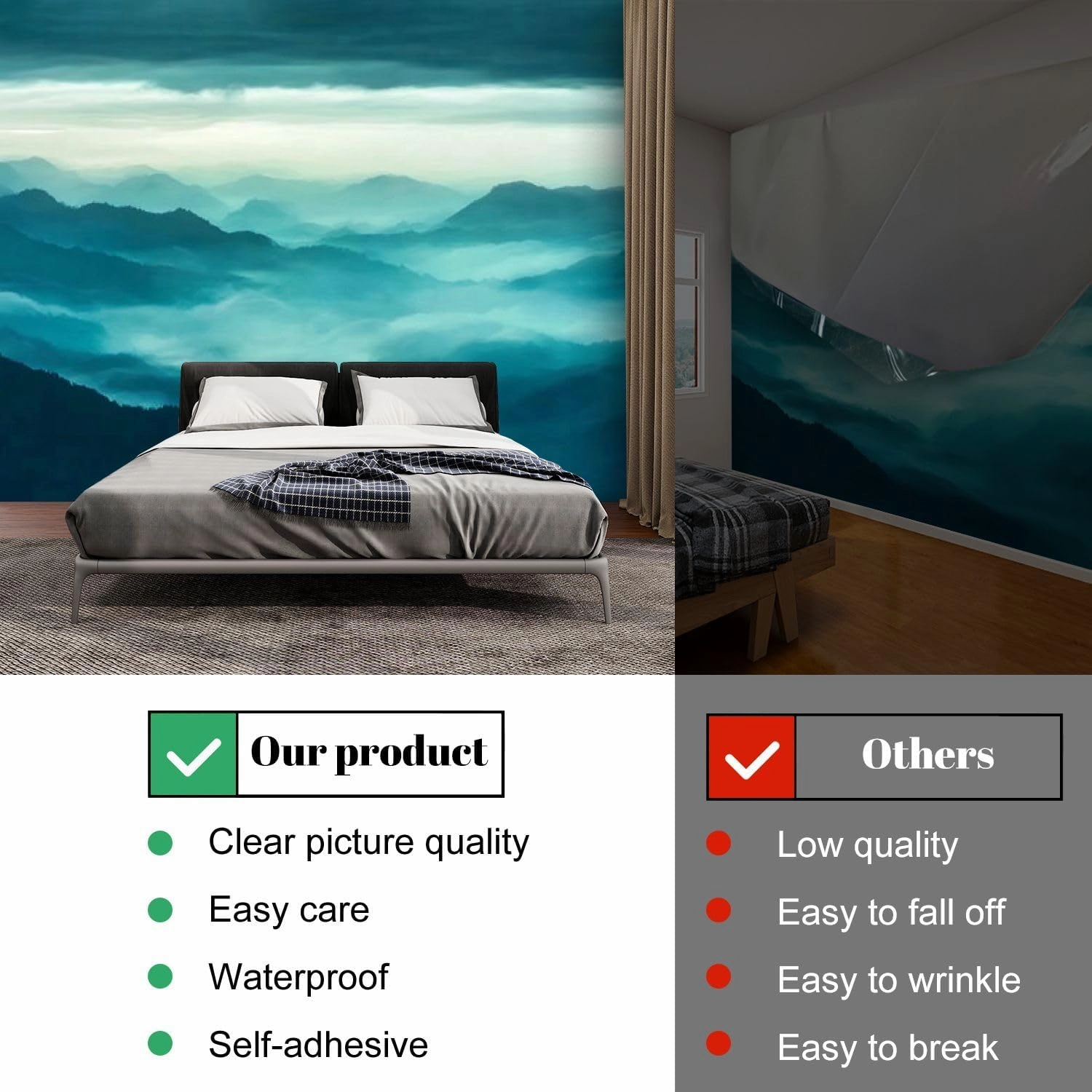 Wall Mural Peel and Stick Cloud Mountain Landscape Large Wallpaper Self Adhesive Contact Paper Removable 3D Wall Sticker for Living Room Bedroom 69"x96"