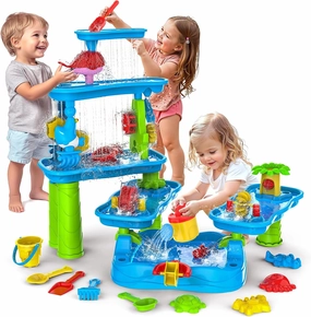 Water Table for Kids Ages 3-5 4-8, 6-Tier Rotatable Rain Shower Splash Pond Toddler Water Table with 13Pcs Sand Toys, Outdoor Sensory Toys for Summer Beach Backyard Activity