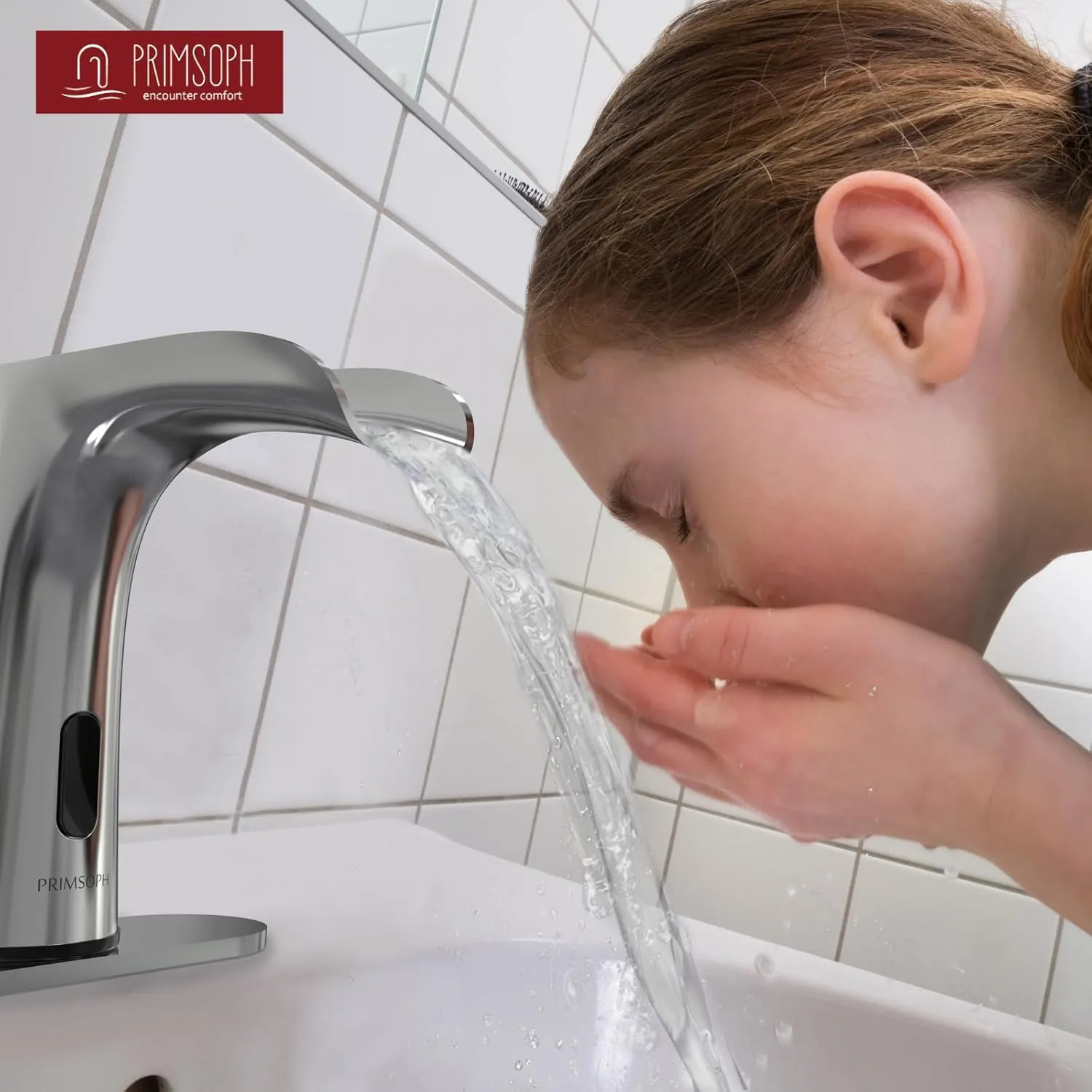 Waterfall Automatic Motion Sensor Hands Free Electronic Infrared Smart Commercial Touchless Bathroom Sink Faucet with Cover Plate Temperature Mixer Battery or Plug-in Powered Chrome