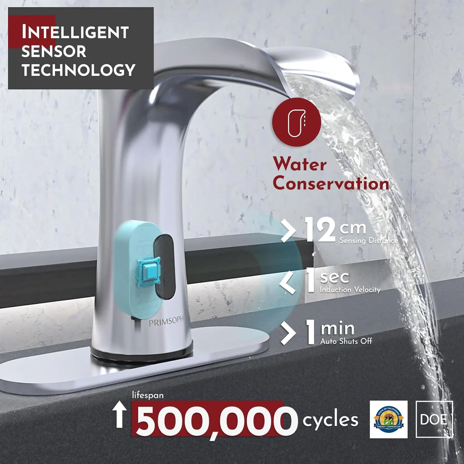 Waterfall Automatic Motion Sensor Hands Free Electronic Infrared Smart Commercial Touchless Bathroom Sink Faucet with Cover Plate Temperature Mixer Battery or Plug-in Powered Chrome