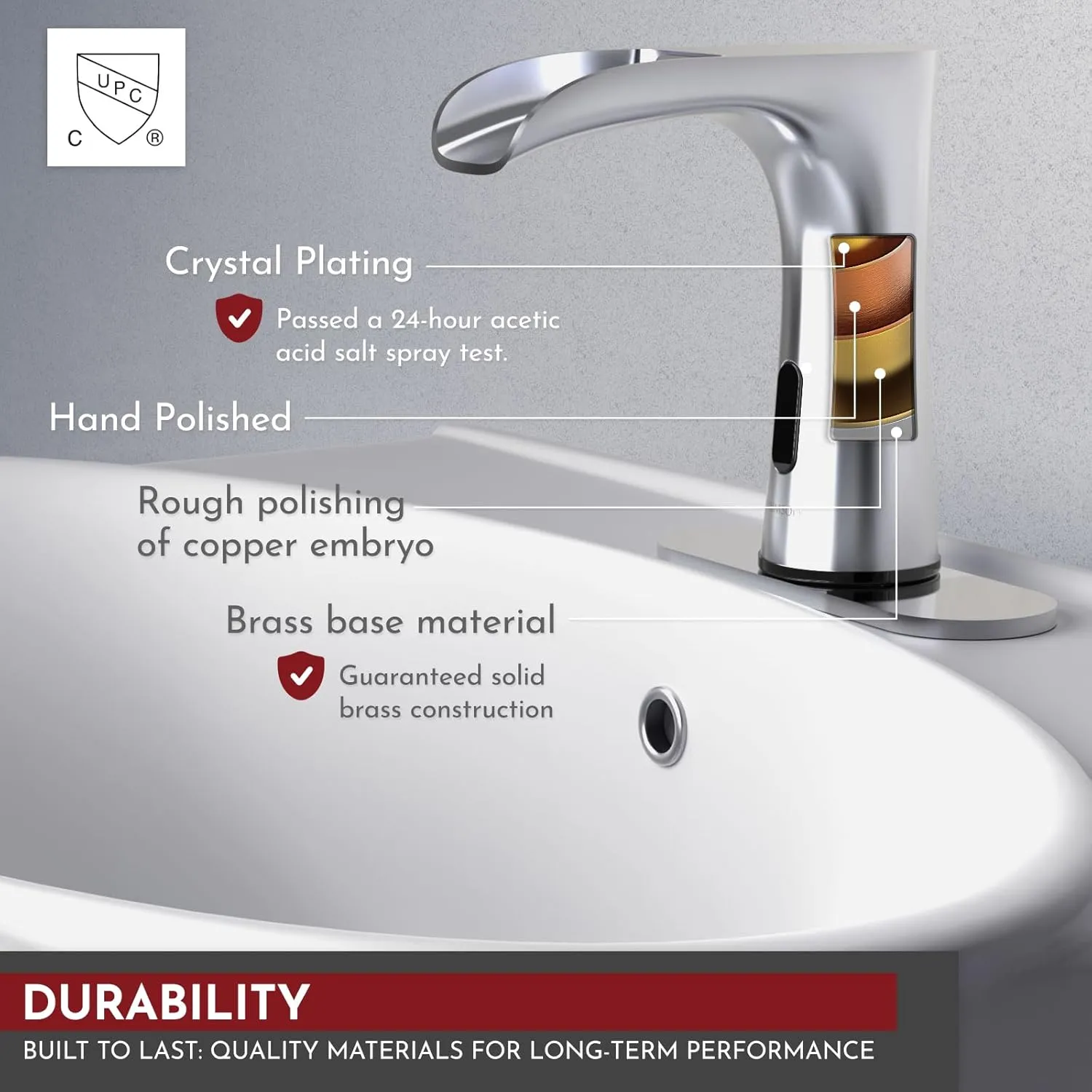 Waterfall Automatic Motion Sensor Hands Free Electronic Infrared Smart Commercial Touchless Bathroom Sink Faucet with Cover Plate Temperature Mixer Battery or Plug-in Powered Chrome