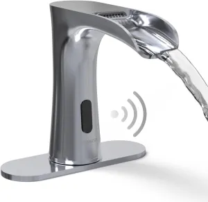 Waterfall Automatic Motion Sensor Hands Free Electronic Infrared Smart Commercial Touchless Bathroom Sink Faucet with Cover Plate Temperature Mixer Battery or Plug-in Powered Chrome