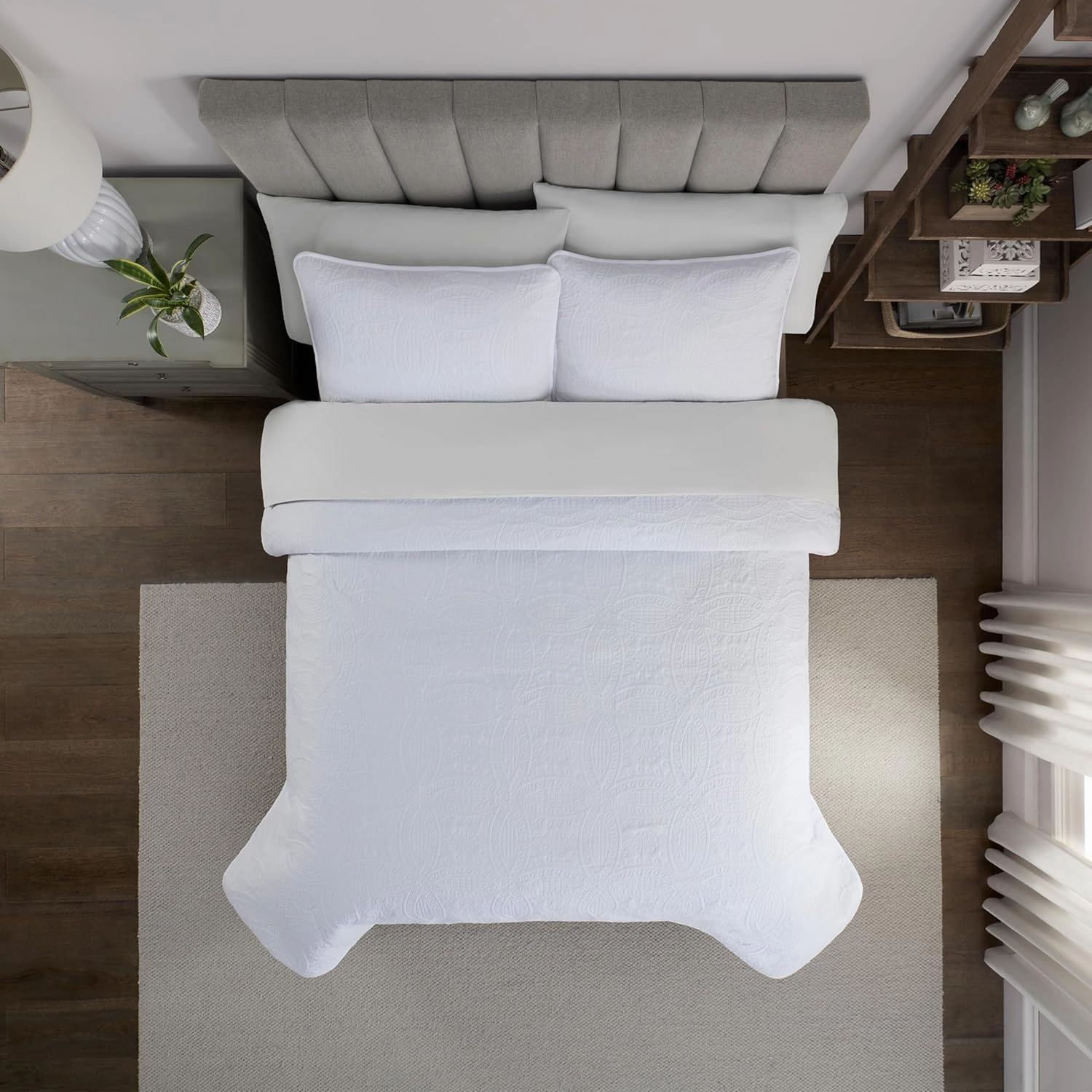 Waverly Traditions Vintage Medallion Pinsonic 3 Piece Quilted Solid Bedding Set, Full/Queen Bed Set with 2 Pillow Shams and Quilt, Lightweight and Machine Washable, White