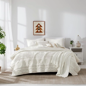 WDCOZY Boho Ivory Twin Quit Size Bedding Sets with 1 Pillow Sham, Cream White Farmhouse Lightweight Soft Bedspread Coverlet for All Season, 2 Pieces, 68x90 inches