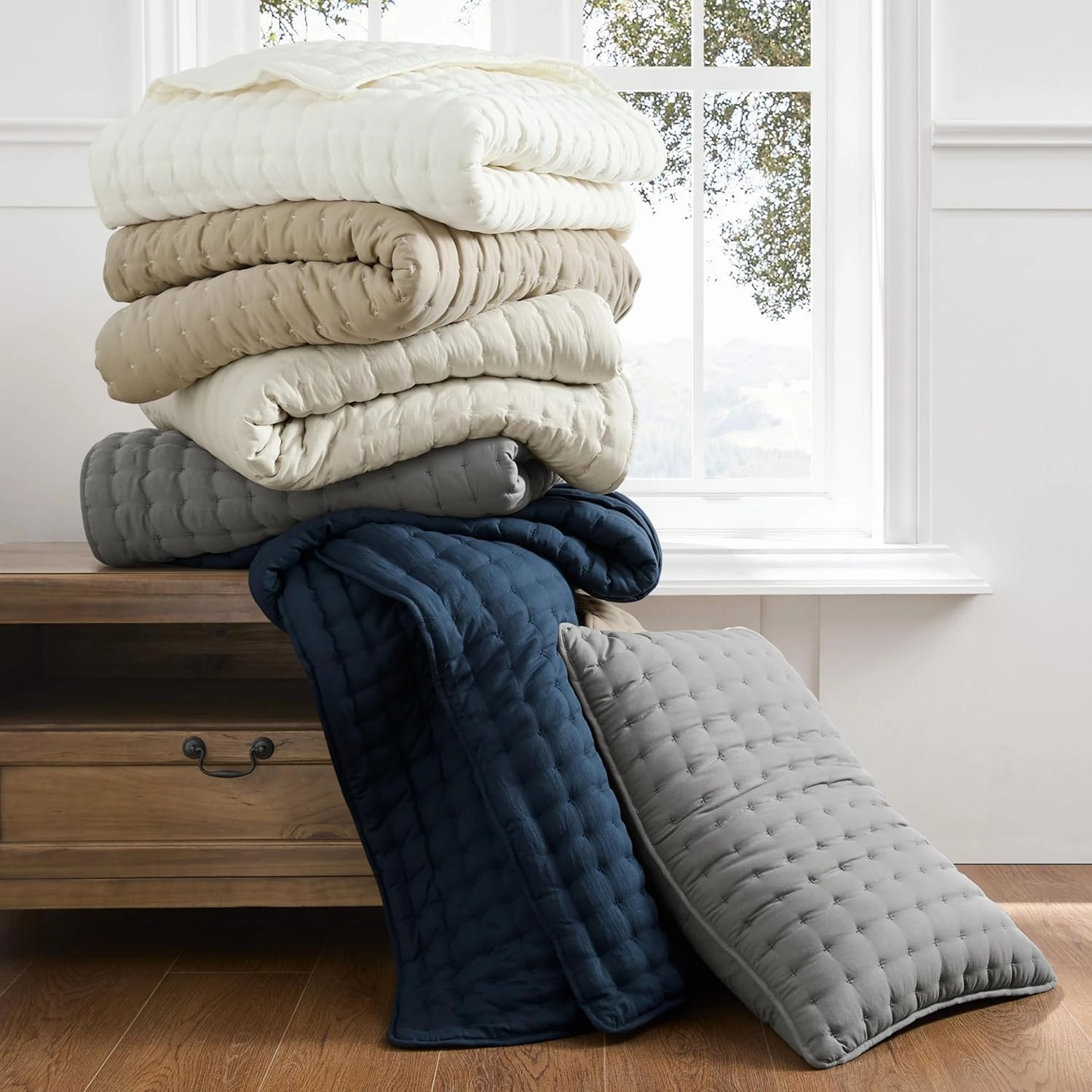 WDCOZY Ivory King Size Quilt Bedding Sets with 2 Pillow Shams, Lightweight Soft Bedspread Coverlet, Quilted Blanket Thin Comforter Bed Cover for All Season, 3 Pieces, 104x90 inches