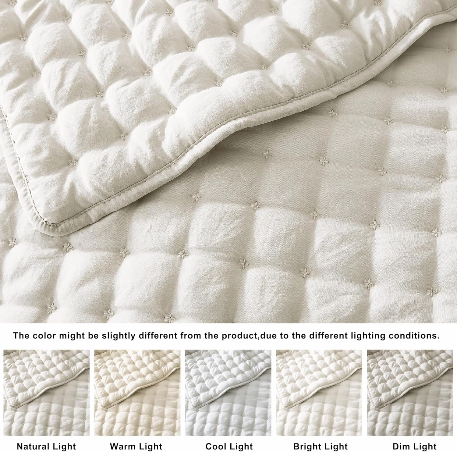 WDCOZY Ivory King Size Quilt Bedding Sets with 2 Pillow Shams, Lightweight Soft Bedspread Coverlet, Quilted Blanket Thin Comforter Bed Cover for All Season, 3 Pieces, 104x90 inches