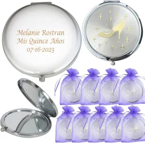 WE Personalized Silver Compact Mirror Favor (12 PCS) - Cinderella High Heel Shoe Design Quinceanera/Sweet 16/ Zapatilla de Cenicienta Birthday Gift (Purple)