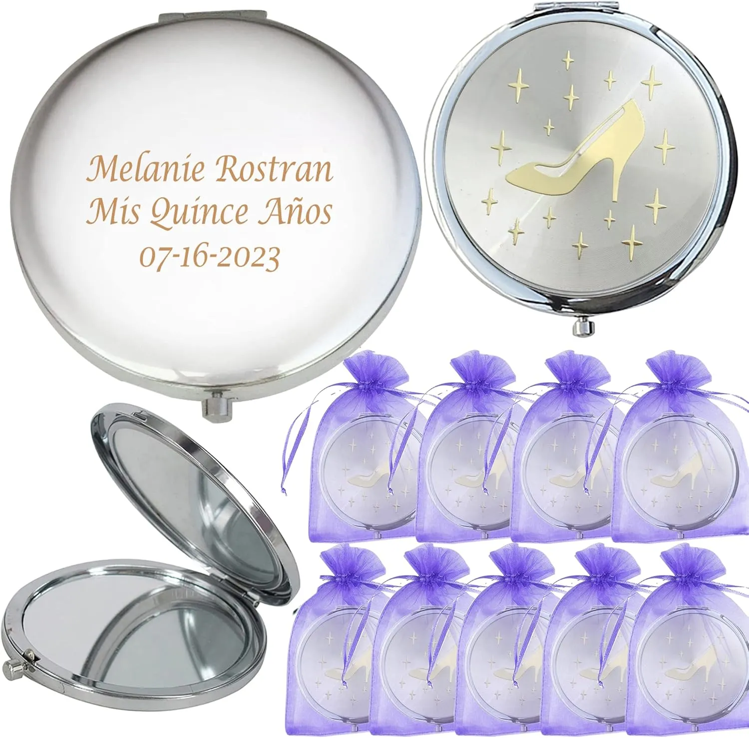 WE Personalized Silver Compact Mirror Favor (12 PCS) - Cinderella High Heel Shoe Design Quinceanera/Sweet 16/ Zapatilla de Cenicienta Birthday Gift (Purple)