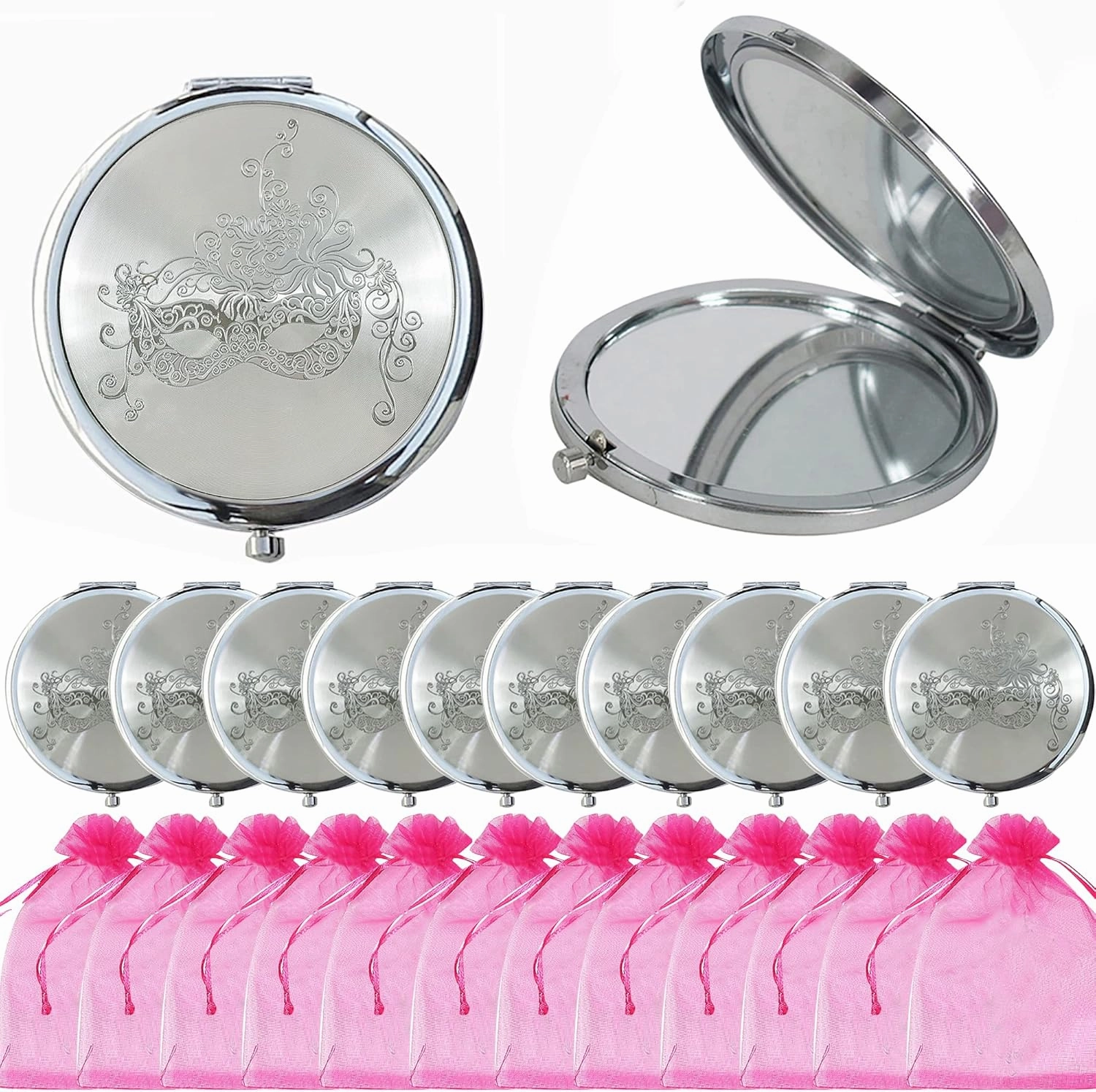 WE 12 Pcs Fuchsia Masquerade Mask Compact Mirrors - Quinceanera/Sweet 16 (Fuchsia)