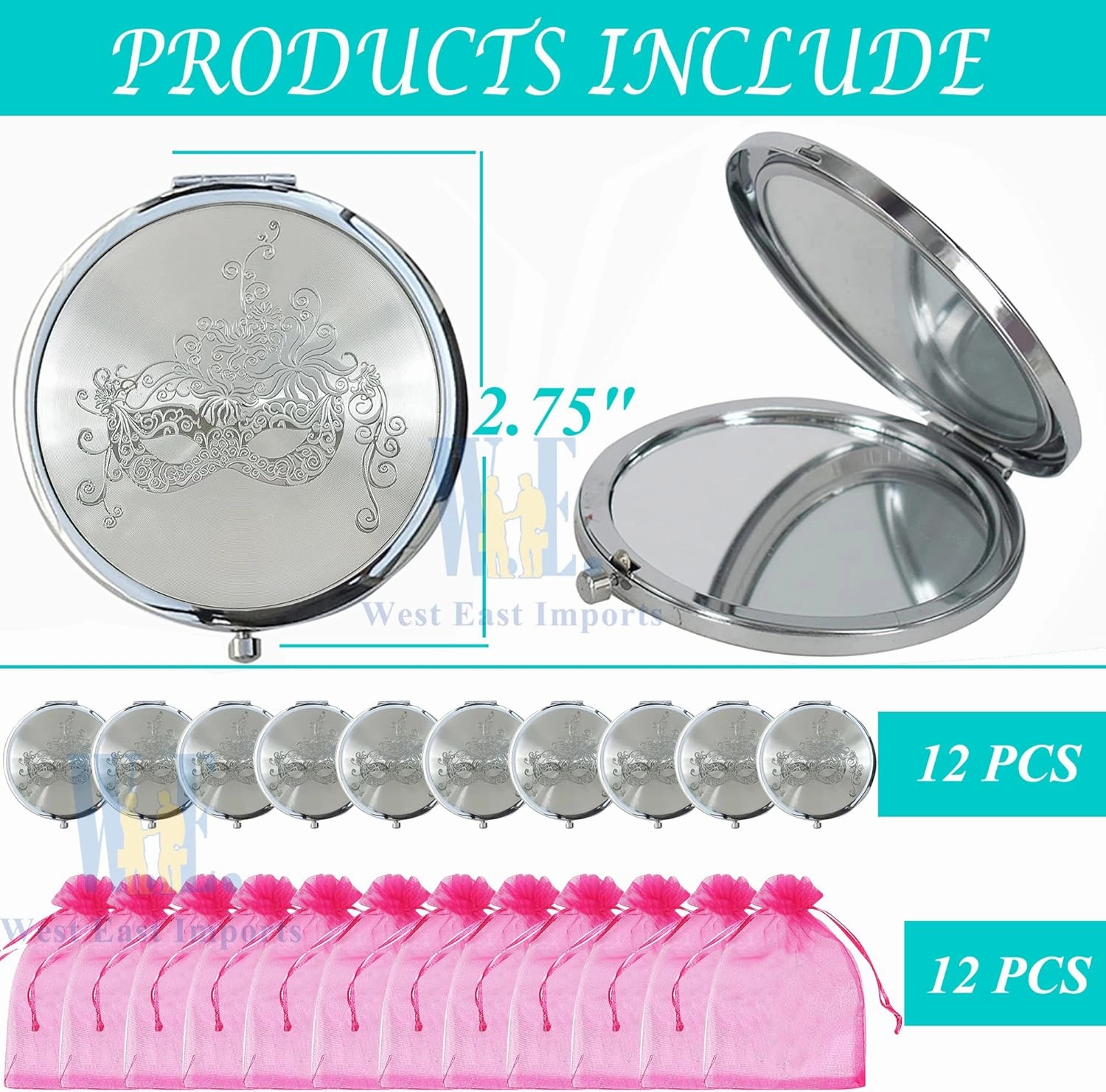 WE 12 Pcs Fuchsia Masquerade Mask Compact Mirrors - Quinceanera/Sweet 16 (Fuchsia)