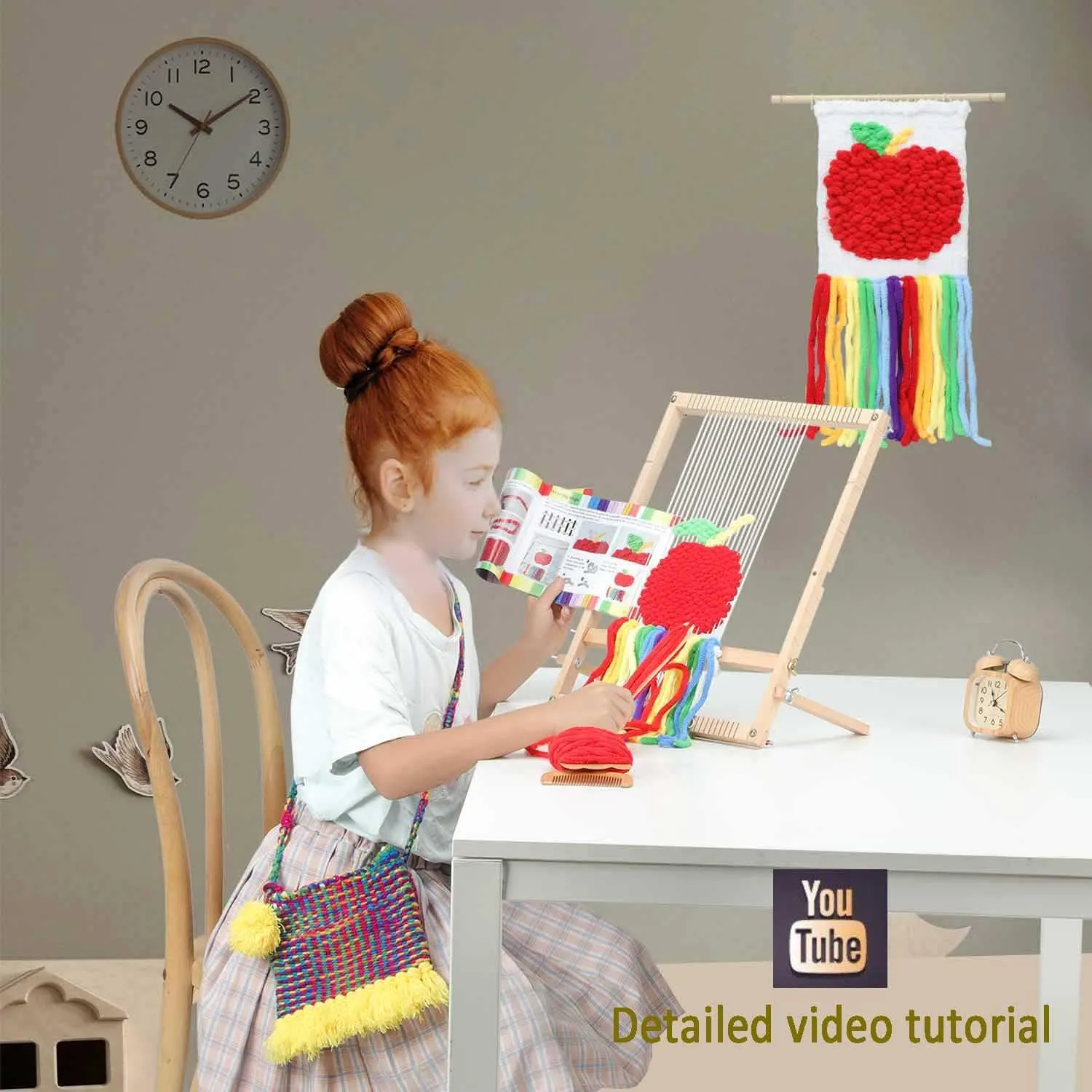 Weaving Loom for Beginners Adults/Kids and 1 Set of Weaving Works Complete Yarn Kit with Detailed Friendly Instructions, Parents and Children in The Holiday Experience Weaving Brings Fun_Apple Bag