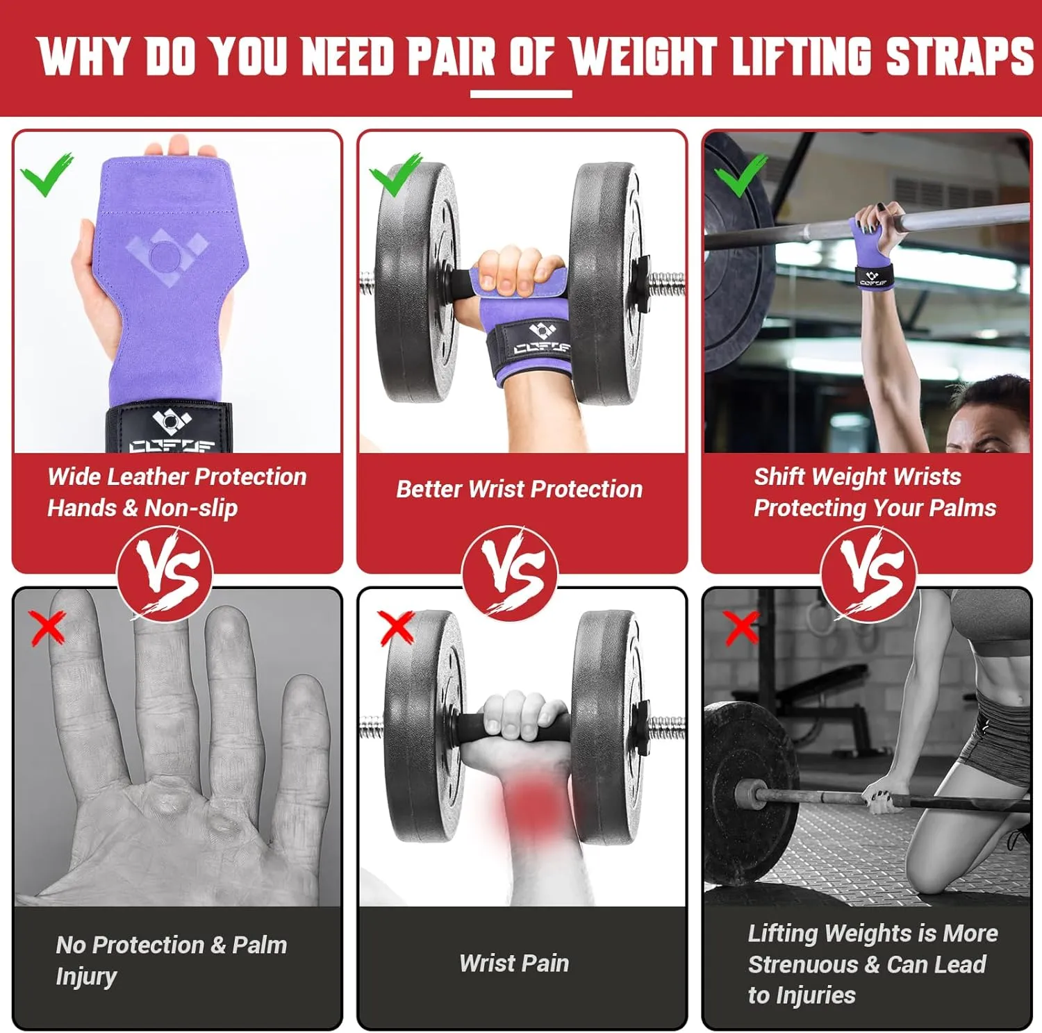 Weight Lifting Wrist Strap, Double Layer Leather Wrist Strap for Deadlift and Powerlifting, Adjustable Neoprene Padded Gym Workout Lifting Hooks (Pair)