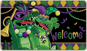 Welcome Mardi Gras Alligator Decorative Front Door Mat, New Orleans Carnival Doormat Indoor Outdoor Non-Slip Floor Entryway Rug, Diamond Beads Masquerade Home Kitchen Decoration 17x29 Inch