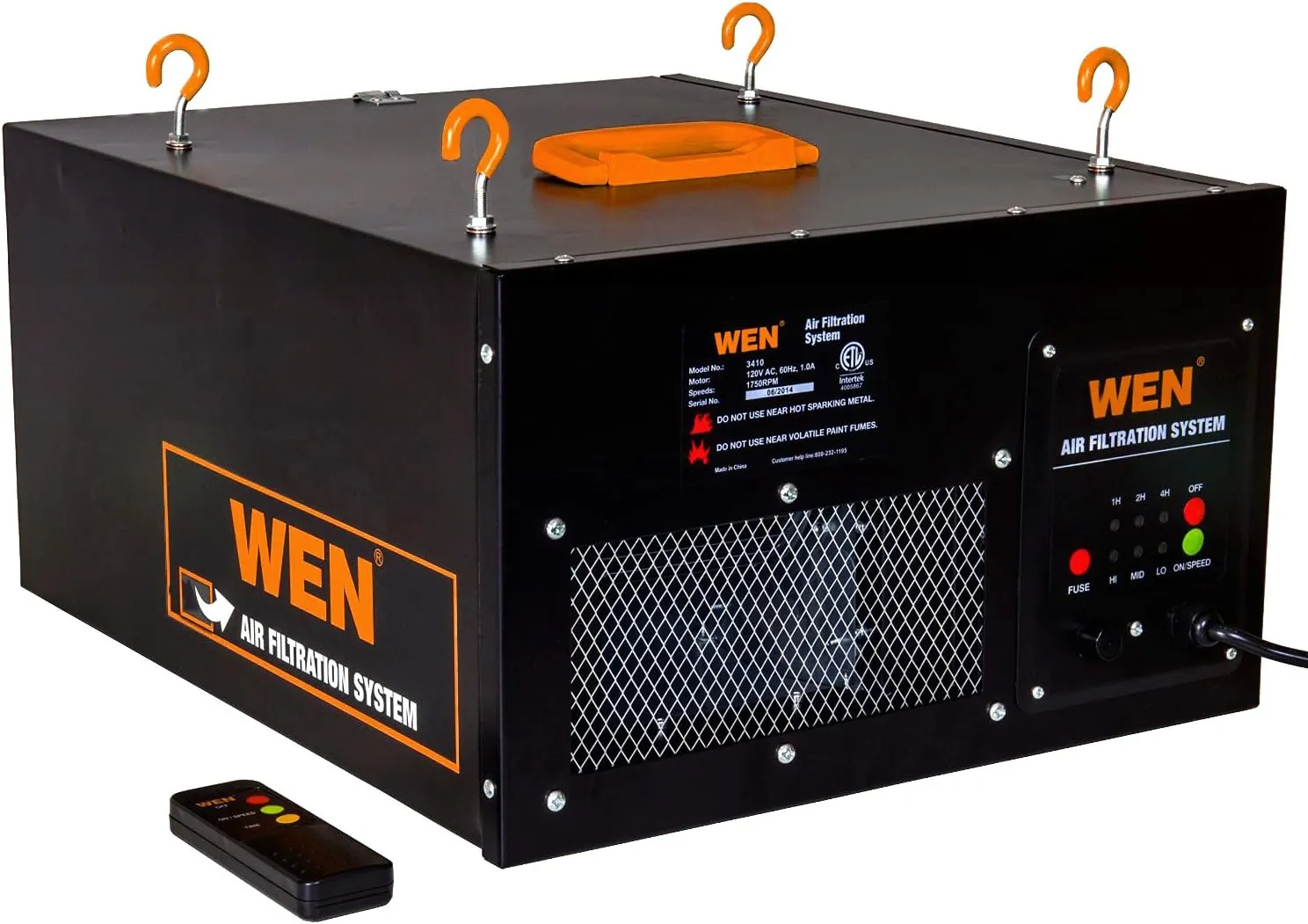 WEN 3410 3-Speed Remote-Controlled Air Filtration System (300/350/400 CFM) & 90243-026-2 1-Micron Inner Air Filters, 2-Pack (for the WEN 3410 Air Filtration System)