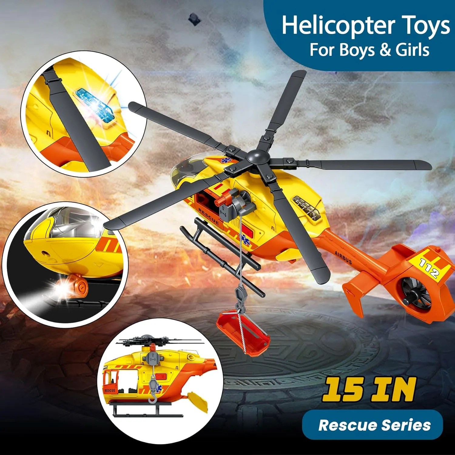 Wenbeier Rescue Helicopter Toys for Boys with Hanging Basket Airplane Toy with Lights and Sound Rescue Vehicles Toys for Kids Aged 3 4 5 6 7