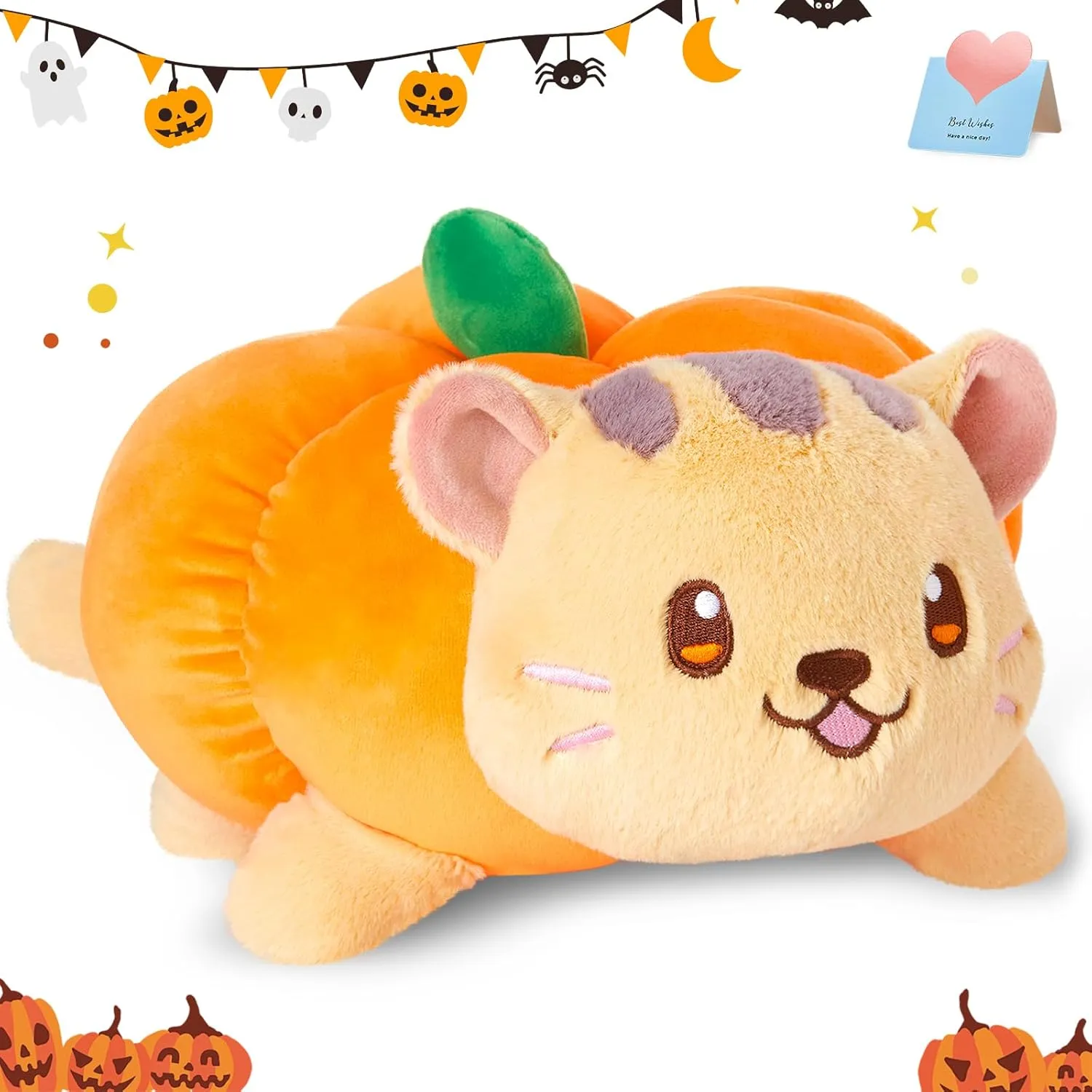 WEWILL 12'' Halloween Pumpkin Cat Plush Toy, Orange Pumpkin Kitty Halloween Stuffed Animal Gifts for Toddlers/Kids