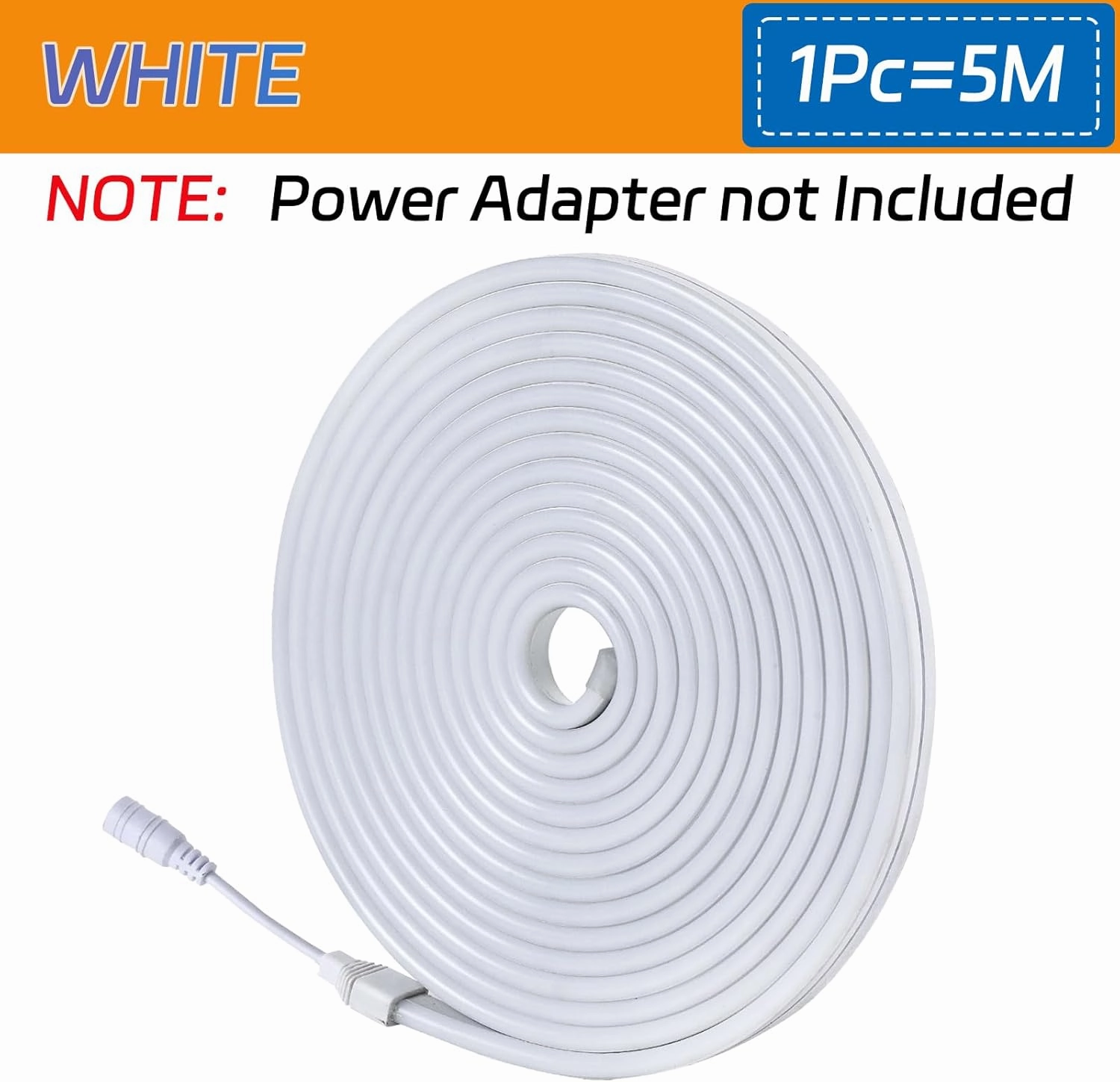 White Neon Rope Lights 16.4ft/5m 6500K Neon Light Strip, 12V Flex Waterproof neon led Strip Silicone LED Strip Lights, for Kitchen Bedroom Indoor Outdoor Decoration （ No Adapter）