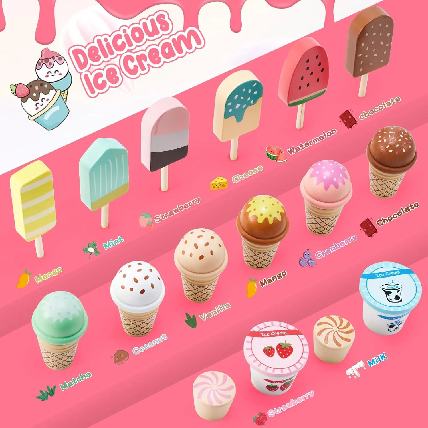 WHOHOLL Wooden Ice Cream Counter Playset for Toddler Girl Toys, Play Store Pretend Toy Food Play Kitchen Accessories with Fake Money & Coin, Gifts for 3  Year-Old Kids (Pink)