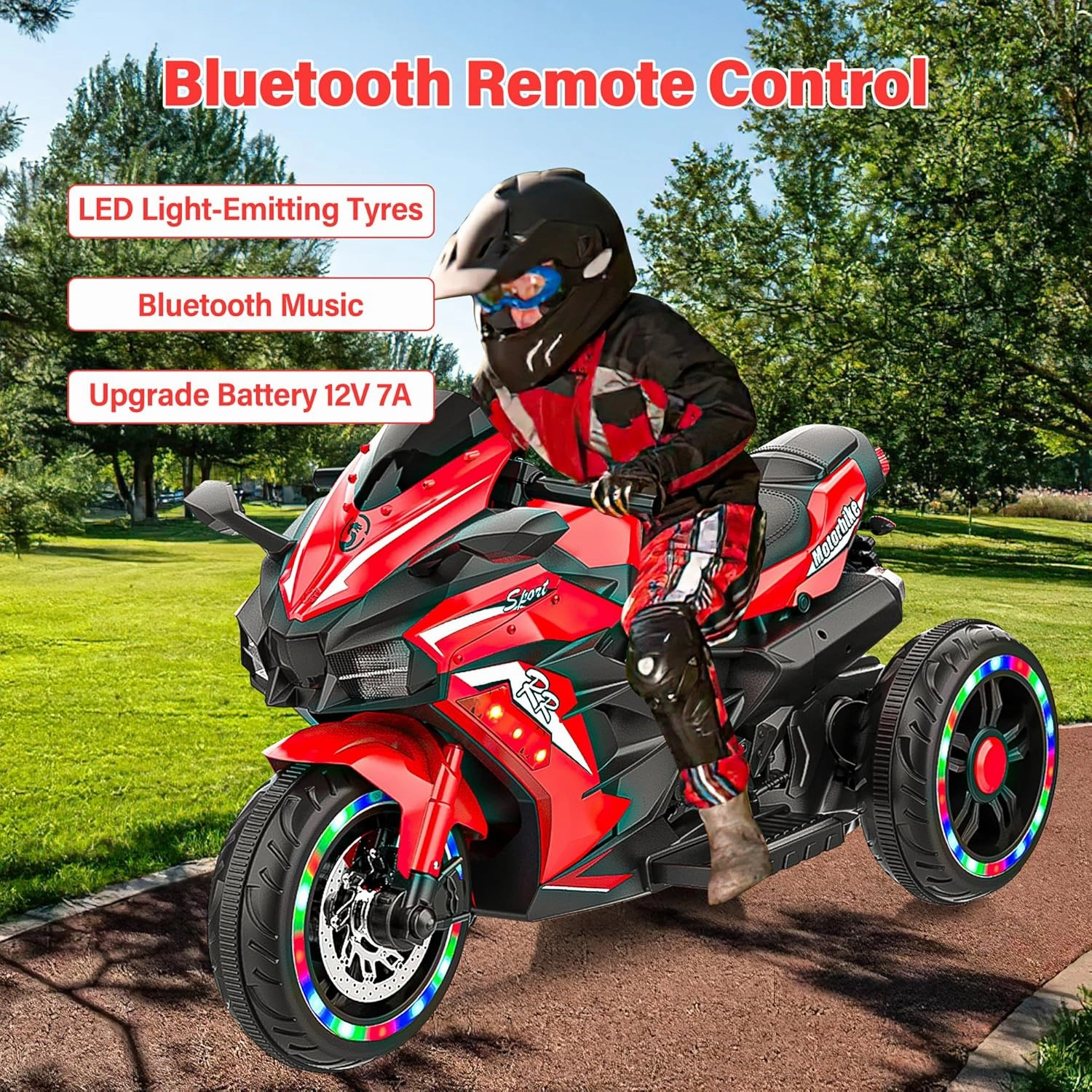 WIIS'IDEA Kids Ride On Motorcycle,12V Electric Battery Powered Ride On Bike,3 Wheels Electric Motorcycle for Kids Ages 3-6 Years with Hand Racing,LED Light-Emitting Tyres,PU Seat,Toy Gifts（Red）