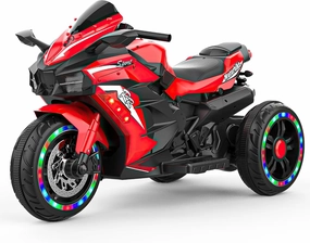 WIIS'IDEA Kids Ride On Motorcycle,12V Electric Battery Powered Ride On Bike,3 Wheels Electric Motorcycle for Kids Ages 3-6 Years with Hand Racing,LED Light-Emitting Tyres,PU Seat,Toy Gifts（Red）