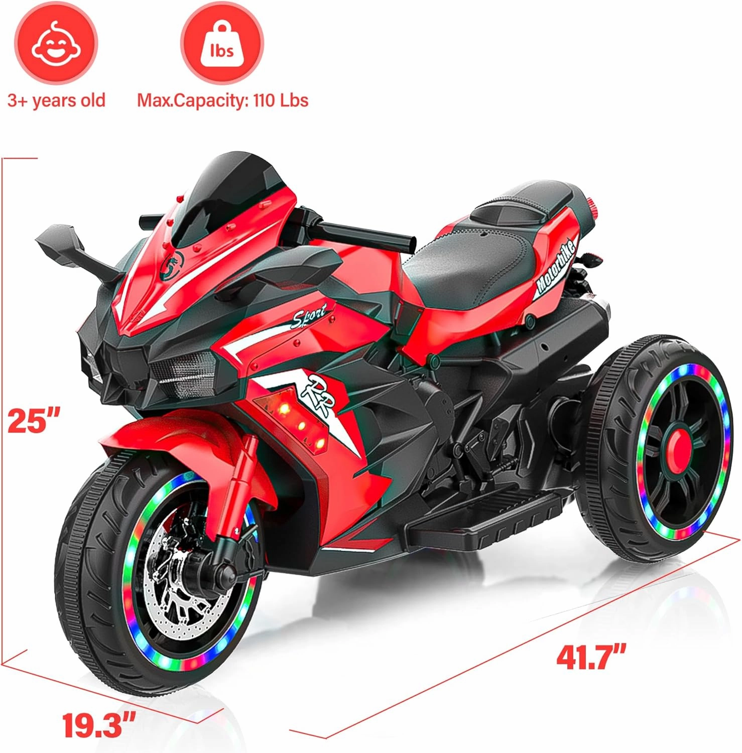 WIIS'IDEA Kids Ride On Motorcycle,12V Electric Battery Powered Ride On Bike,3 Wheels Electric Motorcycle for Kids Ages 3-6 Years with Hand Racing,LED Light-Emitting Tyres,PU Seat,Toy Gifts（Red）