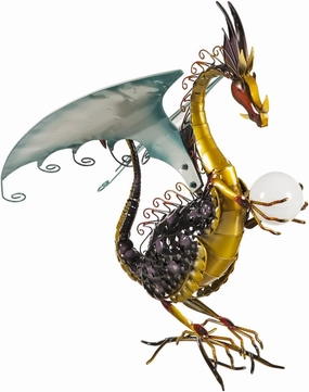 Wind & Weather Dragon Garden Sculpture with Solar Globe |13.75 x 19 x 25.4 Inches |Weather Resistant and Outdoor Safe |Porch Garage Garden or Patio Home Décor