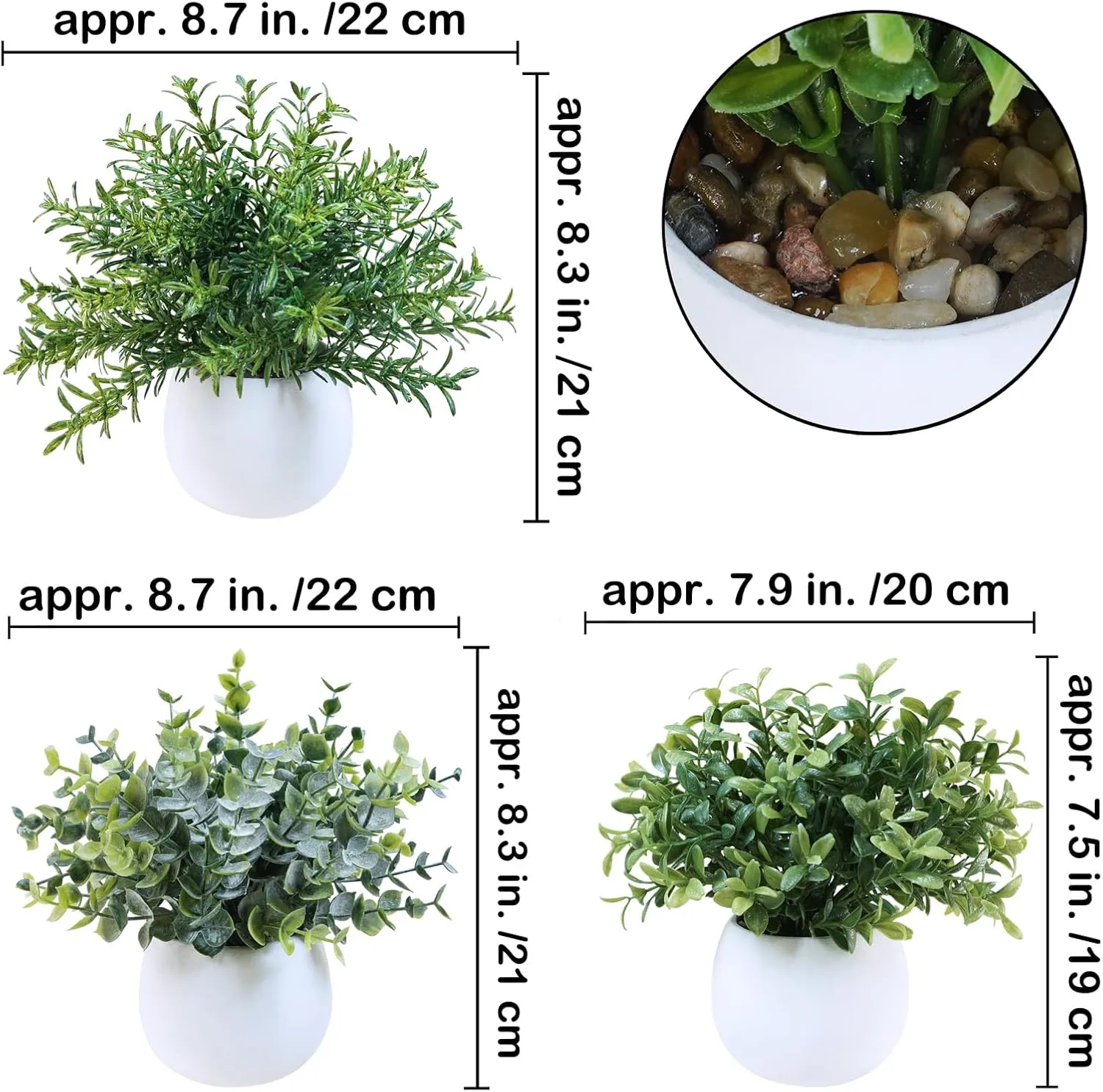 Winlyn Set of 3 Small Artificial Plants in White Concrete Pots Eucalyptus Rosemary Boxwood Faux Potted Plants Office Plants 8" for Indoor Living Room Kitchen Counter Windowsill Tabletop Shelf Décor
