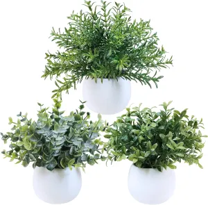 Winlyn Set of 3 Small Artificial Plants in White Concrete Pots Eucalyptus Rosemary Boxwood Faux Potted Plants Office Plants 8" for Indoor Living Room Kitchen Counter Windowsill Tabletop Shelf Décor