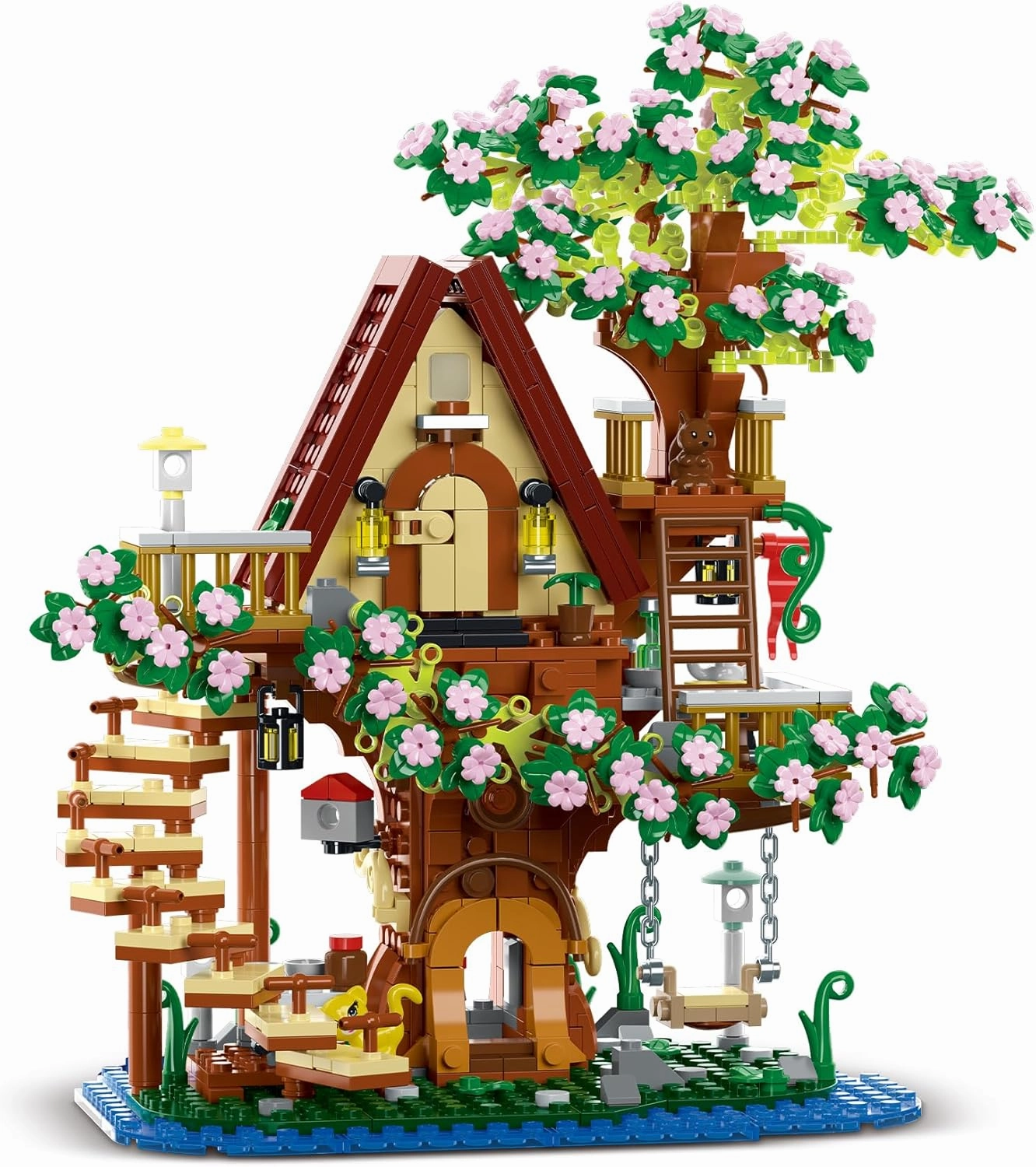 WISEPLAY Building Block Tree House Set, Cherry Blossom Tree, A-Frame Cottage with Ladder and Swing, 3D Construction Toy, Educational Construction Toy