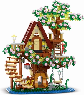 WISEPLAY Building Block Tree House Set, Cherry Blossom Tree, A-Frame Cottage with Ladder and Swing, 3D Construction Toy, Educational Construction Toy