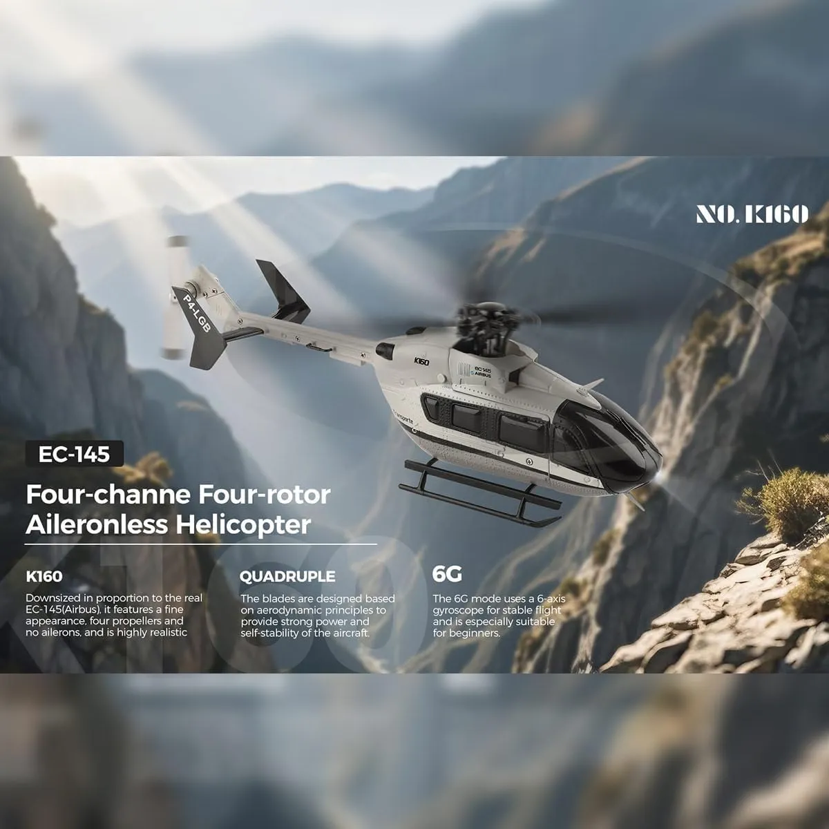 WL-K160 RC Helicopter Model, EC-145 160-Class 2.4G 4CH 4-Propeller Flybarless Scale RC Aircraft Model with Adjustable Left/Right-Hand Throttle, Gift for Adults, Kids (RTF Version)