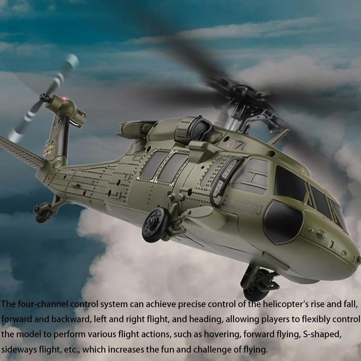 WL K170 Black Hawk RC Helicopter, 2.4G 4CH Flybarless 6-Axis Gyroscope Altitude Hovering RC Military Helicopter with Display Stand and Apron Takeoff Landing Pads (2-Battery Version)