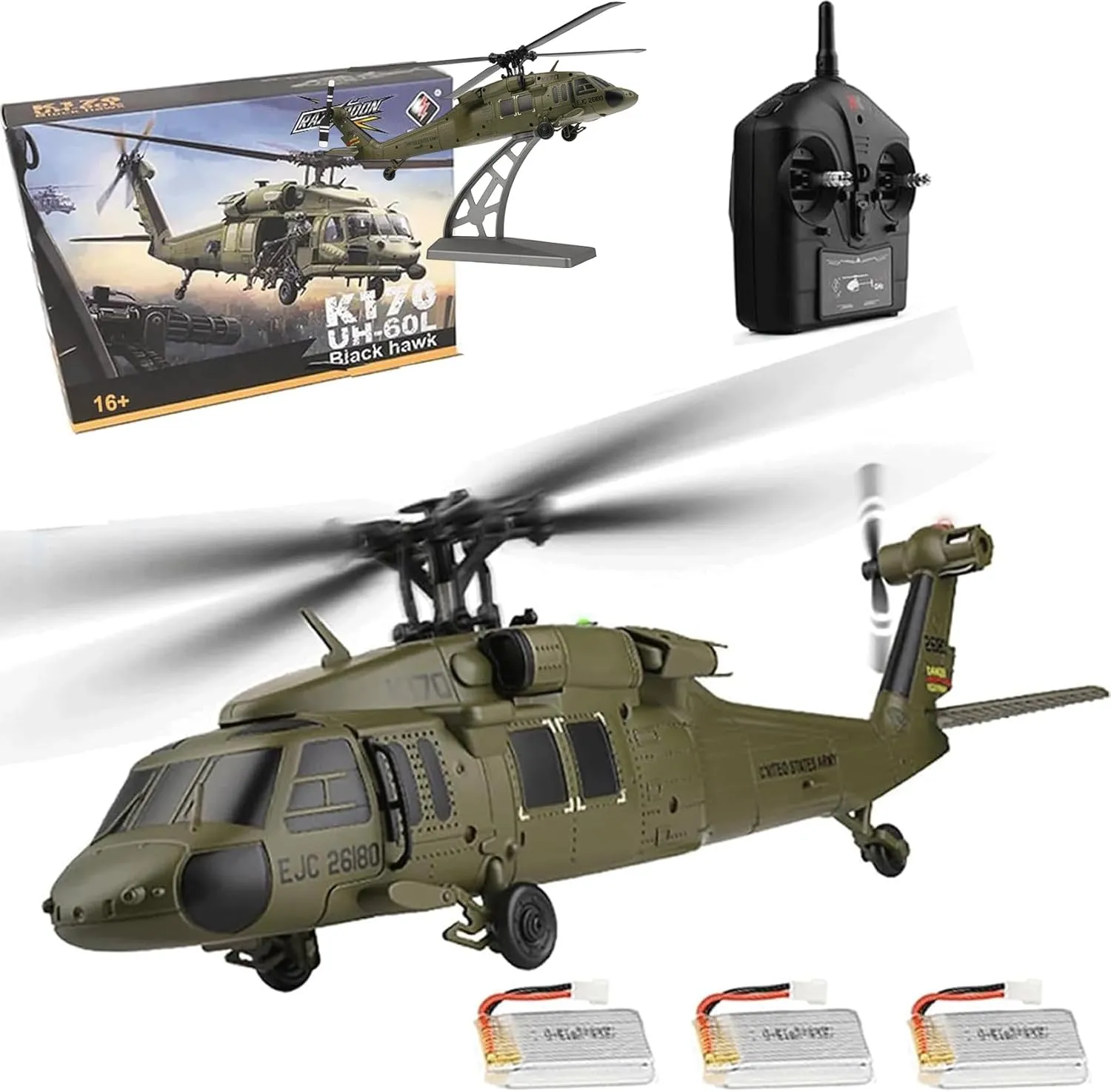 WL K170 Black Hawk RC Helicopter, 2.4G 4CH Flybarless 6-Axis Gyroscope Altitude Hovering RC Military Helicopter with Display Stand and Apron Takeoff Landing Pads (3-Battery Version)