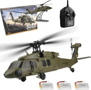 WL K170 Black Hawk RC Helicopter, 2.4G 4CH Flybarless 6-Axis Gyroscope Altitude Hovering RC Military Helicopter with Display Stand and Apron Takeoff Landing Pads (3-Battery Version)